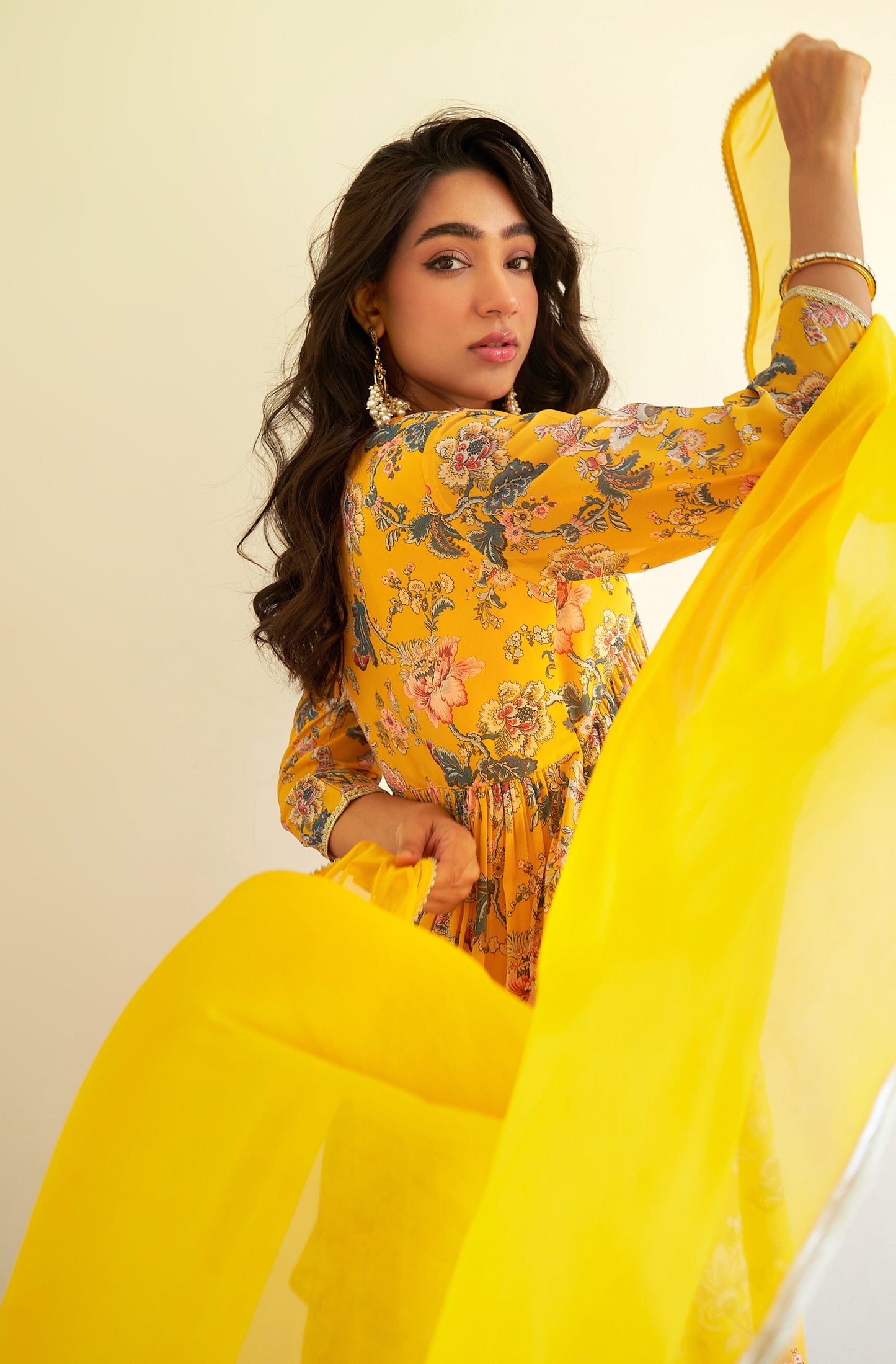 Yellow Georgette Digital Floral Printed Kurta With Sharara And Dupatta