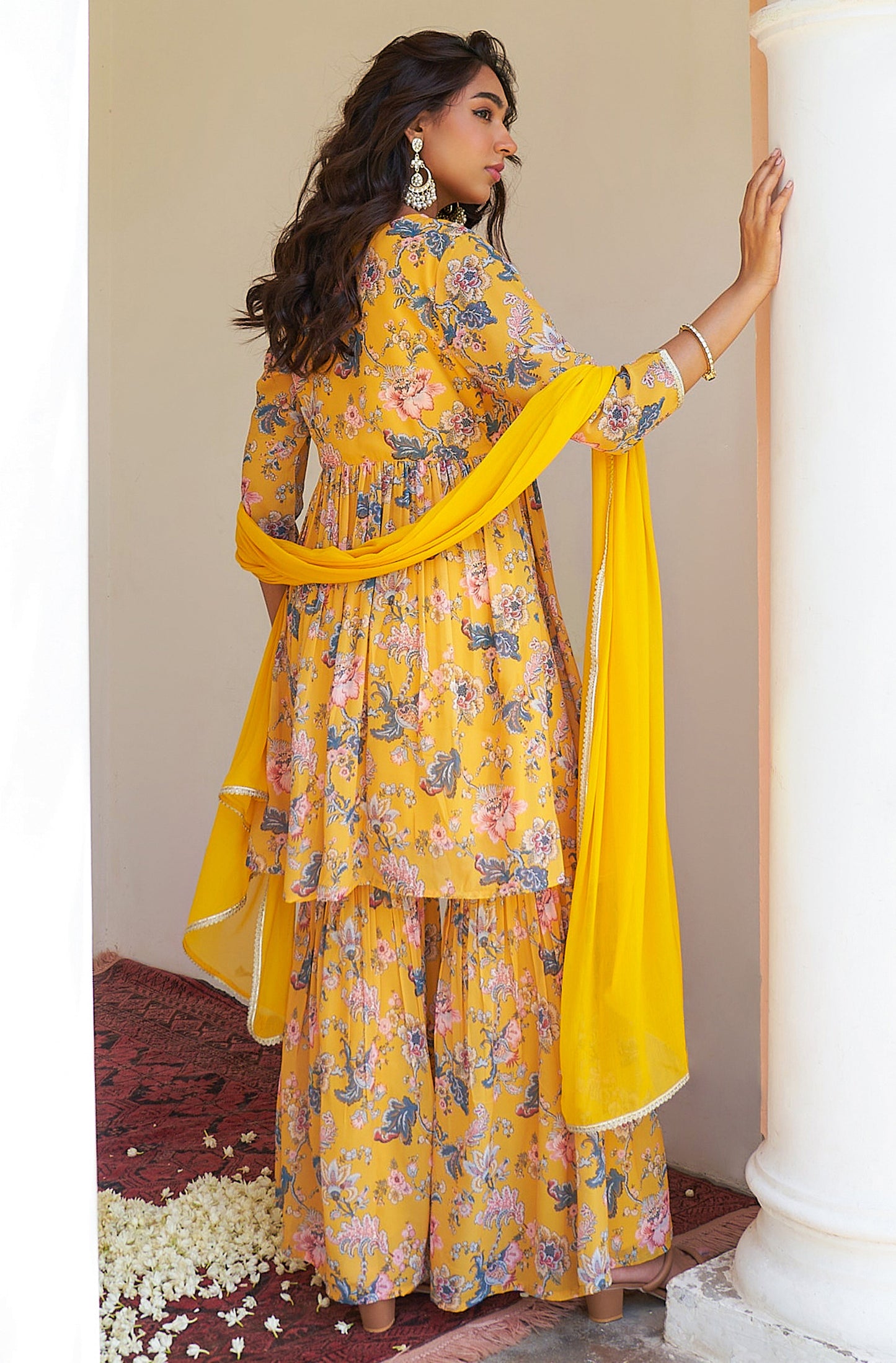 Yellow Georgette Digital Floral Printed Kurta With Sharara And Dupatta