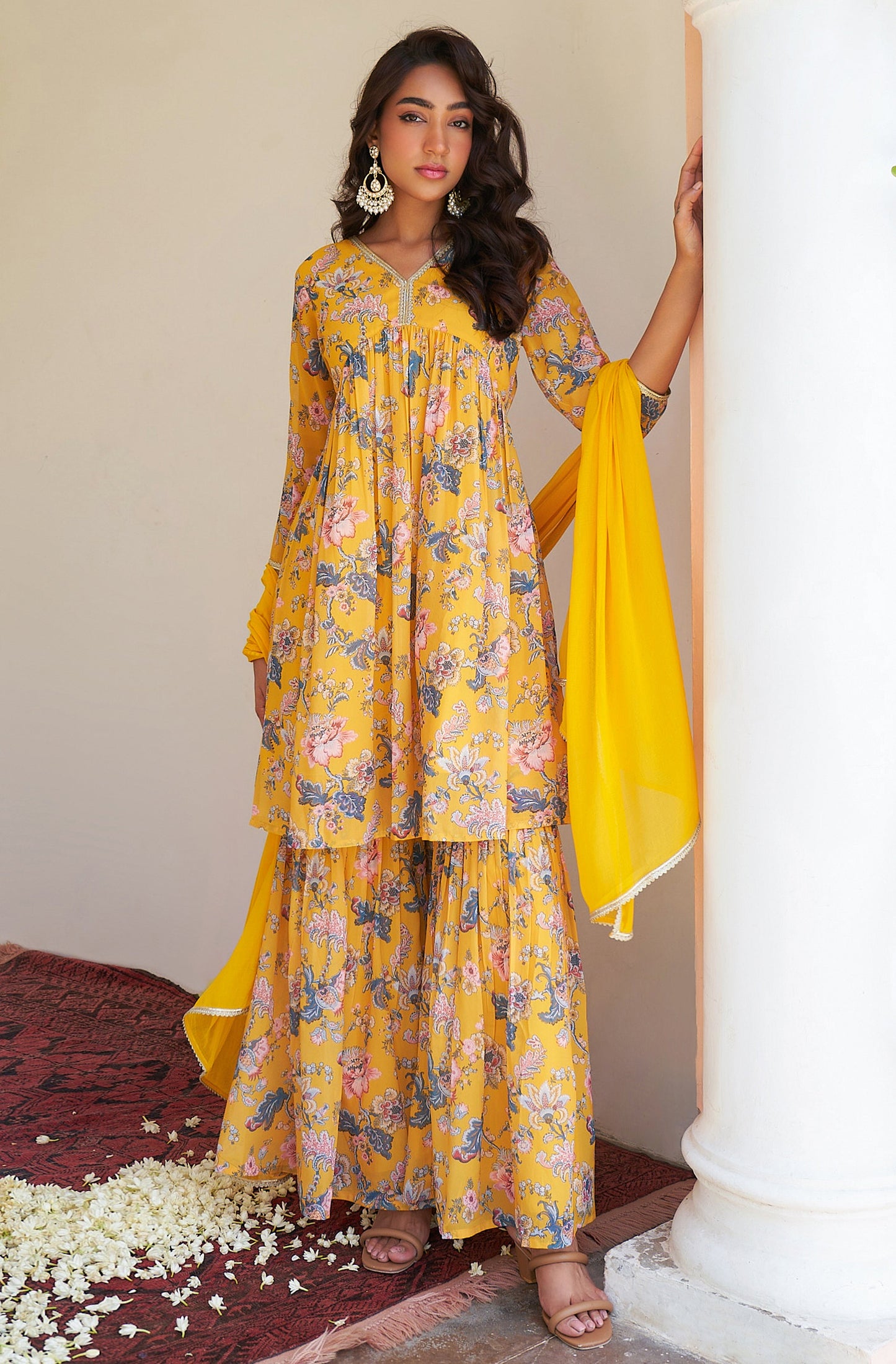 Yellow Georgette Digital Floral Printed Kurta With Sharara And Dupatta