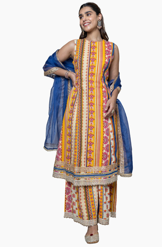 Multicolor Cotton Ethnic Printed Kurta With Palazzo And Dupatta