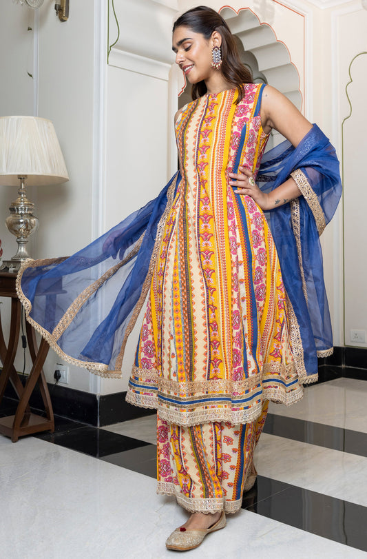 Multicolor Cotton Ethnic Printed Kurta With Palazzo And Dupatta