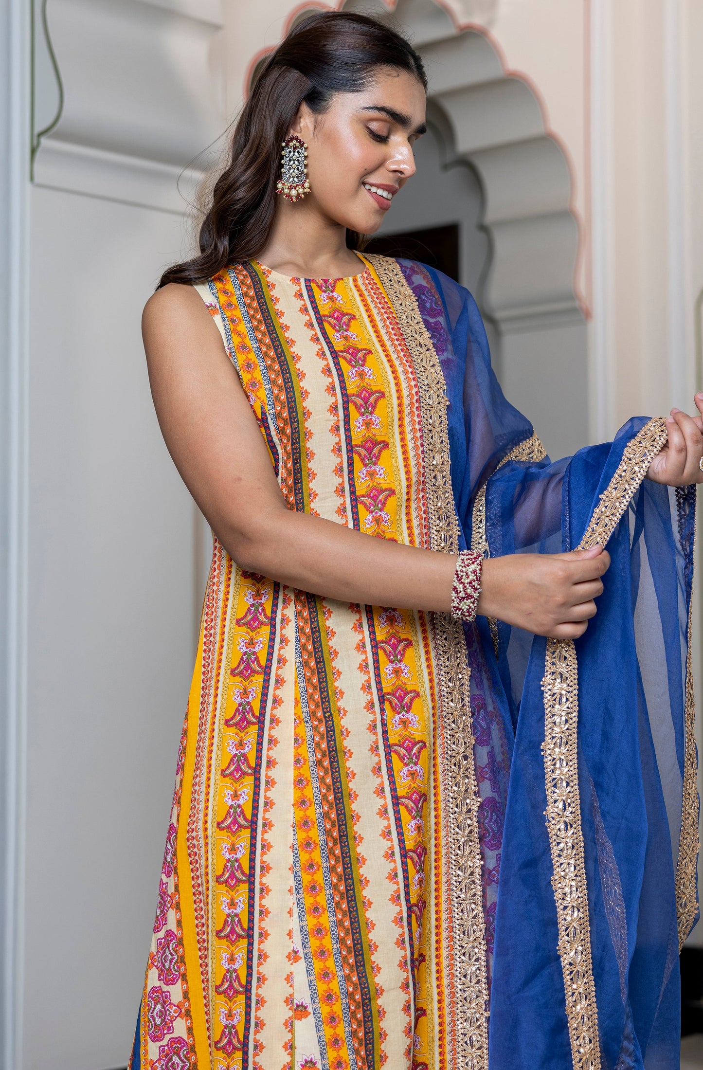 Multicolor Cotton Ethnic Printed Kurta With Palazzo And Dupatta
