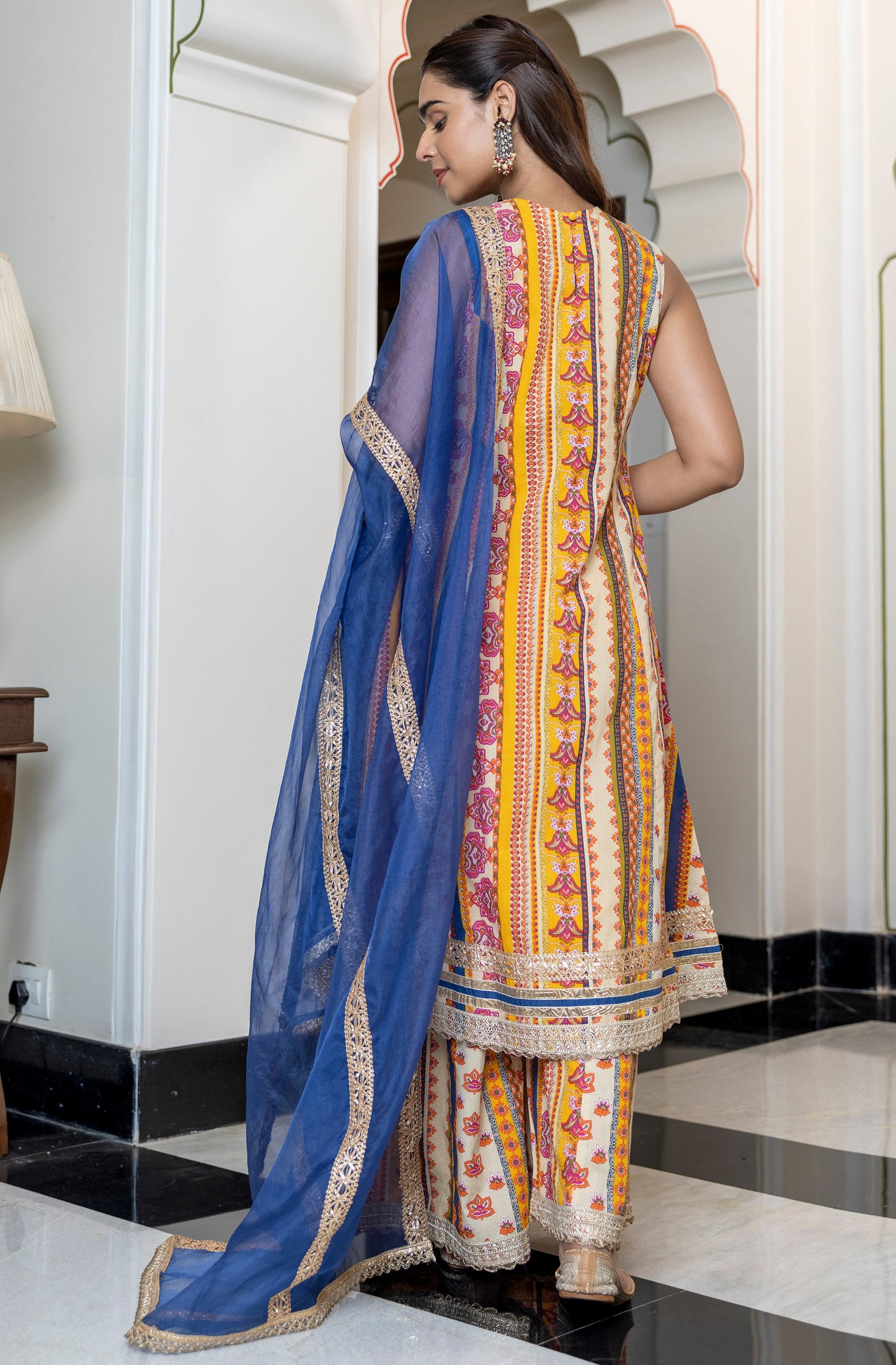 Multicolor Cotton Ethnic Printed Kurta With Palazzo And Dupatta