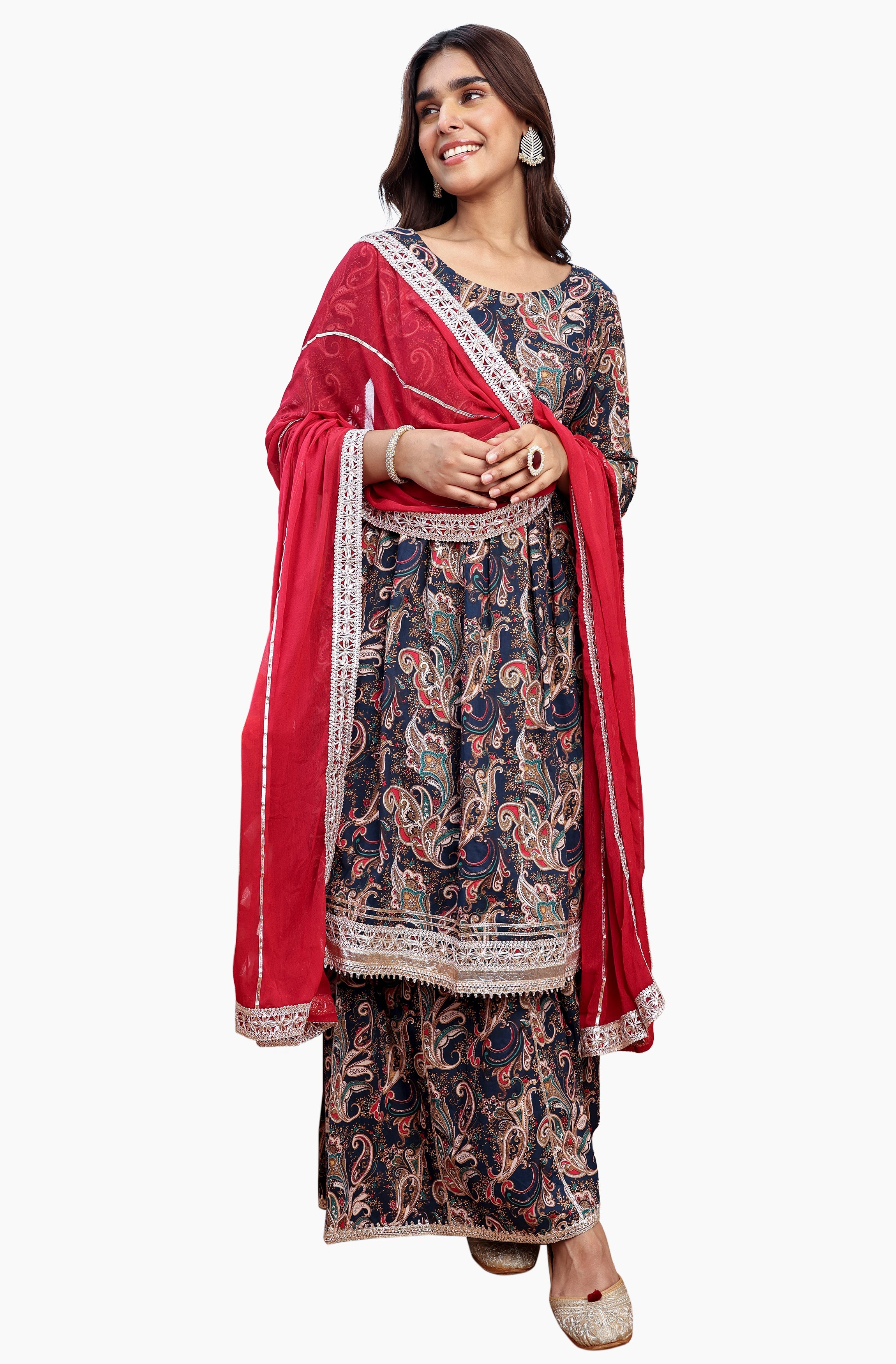 Women Navy Blue Bandhani Printed Straight Kurta With Dupatta And Palazzos