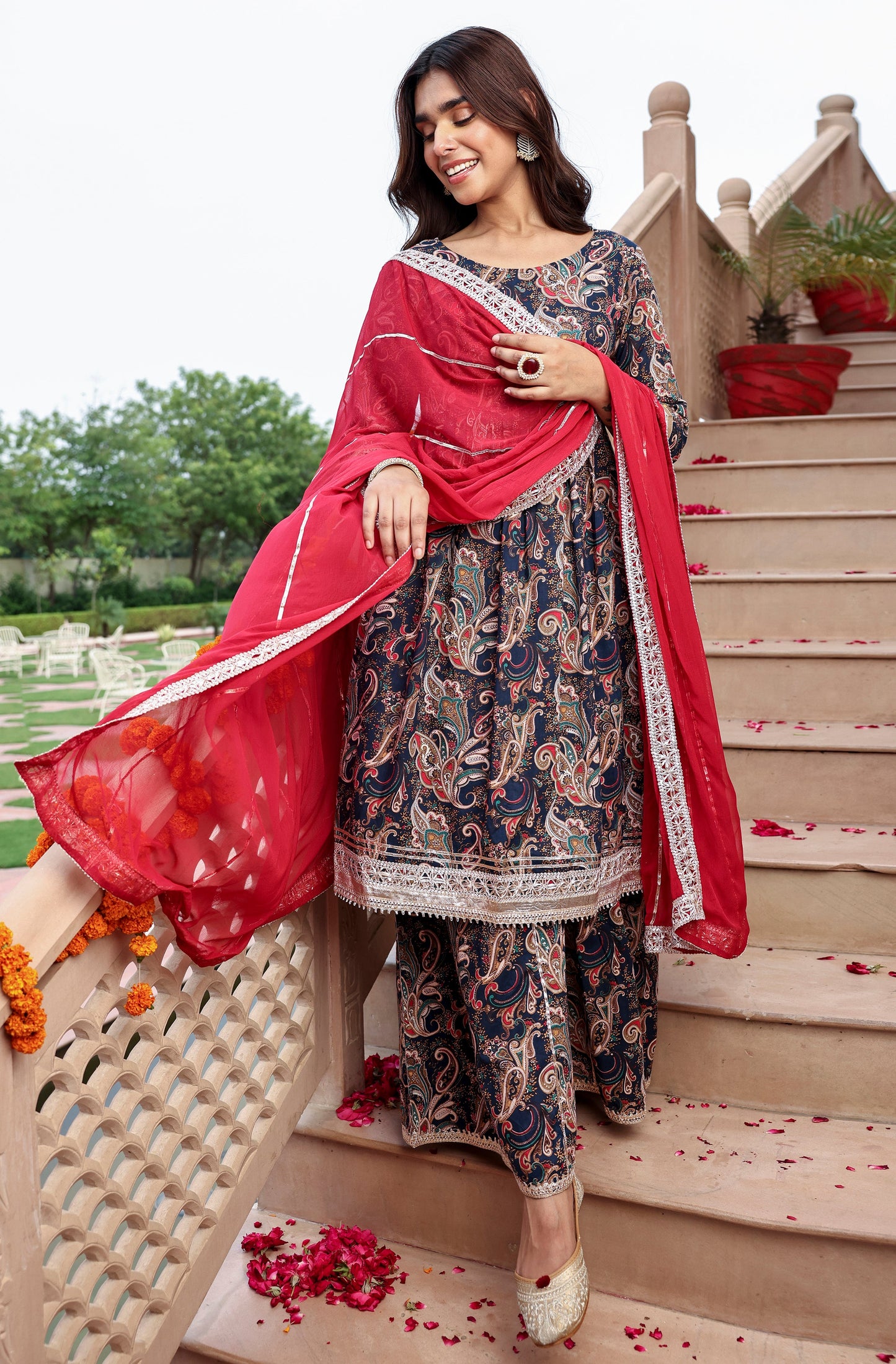 Navy Blue Cotton Ethnic Printed Kurta With Flared Palazzo And Dupatta