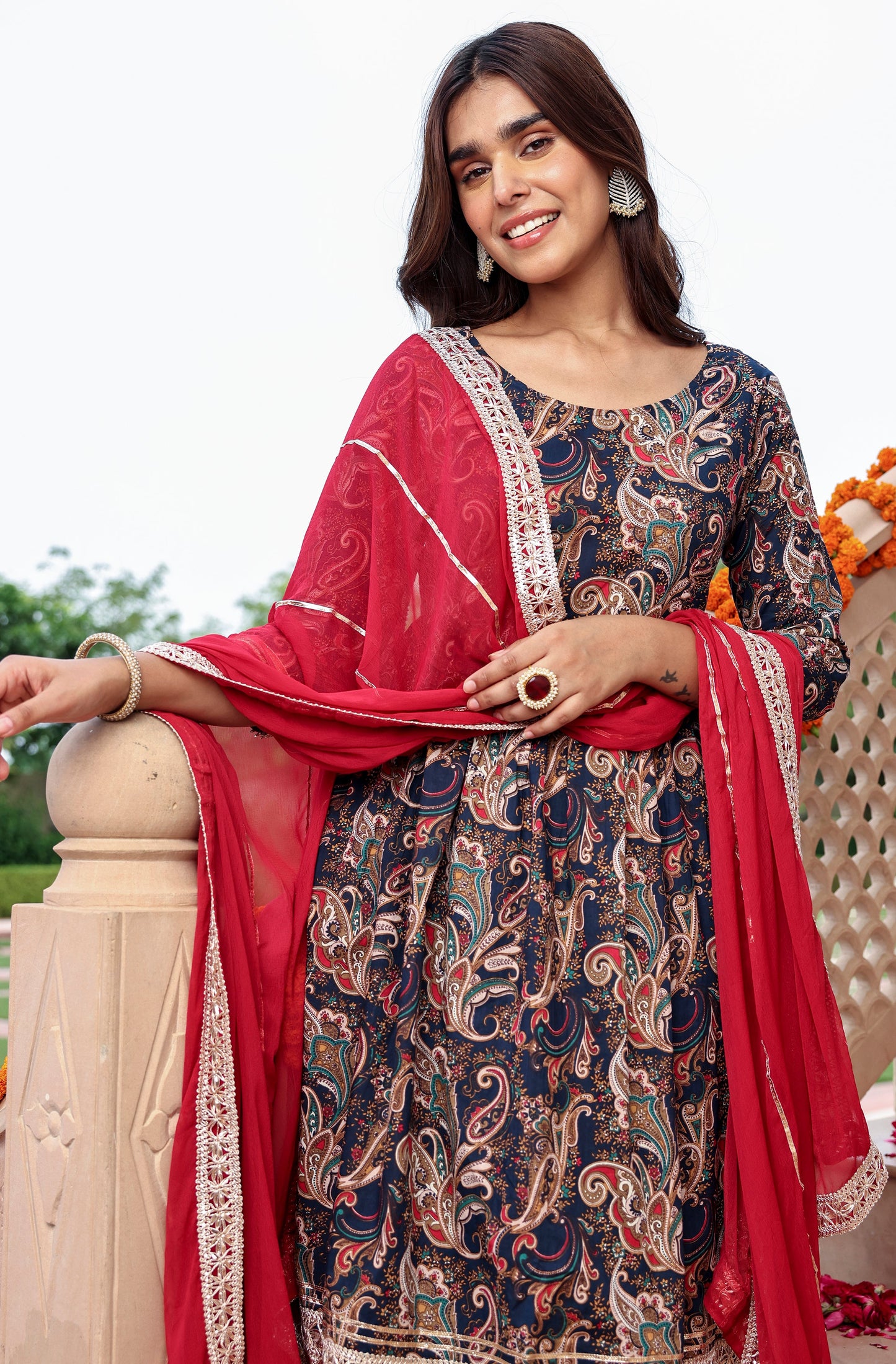 Navy Blue Cotton Ethnic Printed Kurta With Flared Palazzo And Dupatta