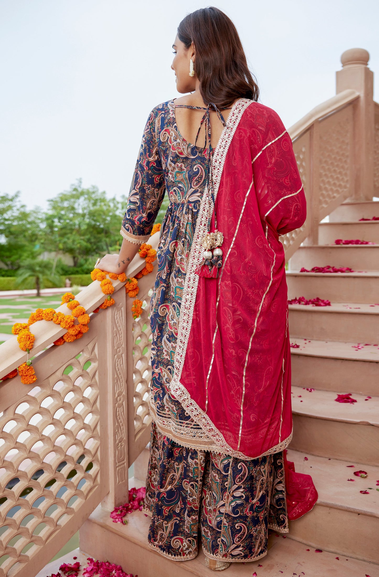 Navy Blue Cotton Ethnic Printed Kurta With Flared Palazzo And Dupatta