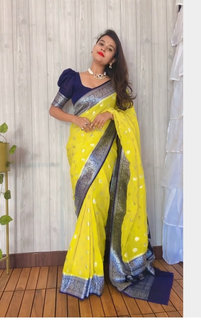 Yellow and Blue boarder Soft khaddi Chiffon Handloom - AbirabyBeena
