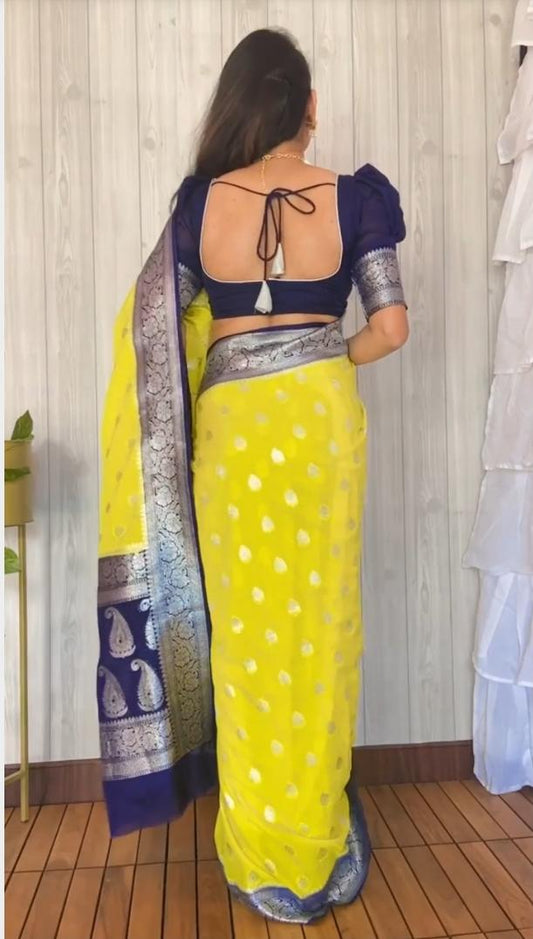 Yellow and Blue boarder Soft khaddi Chiffon Handloom - AbirabyBeena