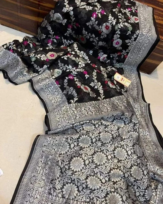 Black Banaras Soft Georgette Jaal silk - AbirabyBeena