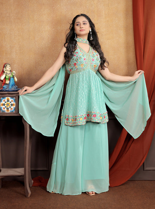 Elegance in Green: Beautifully Embroidered Light Green Sharara Suit Set for Women