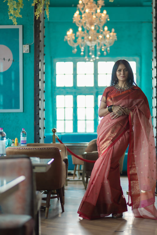 Light Tomato color Banaras Kota Silk - AbirabyBeena