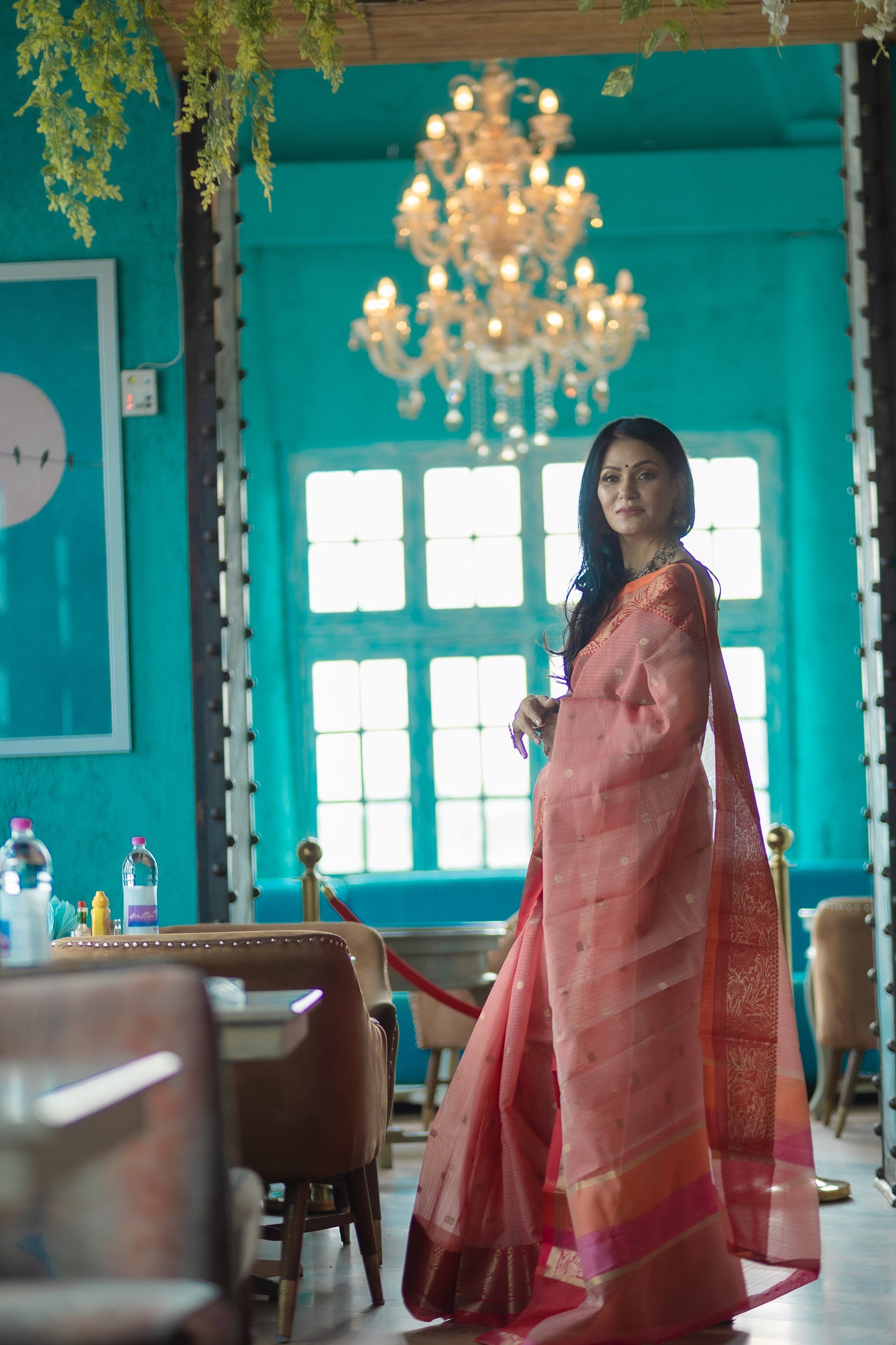 Light Tomato color Banaras Kota Silk - AbirabyBeena