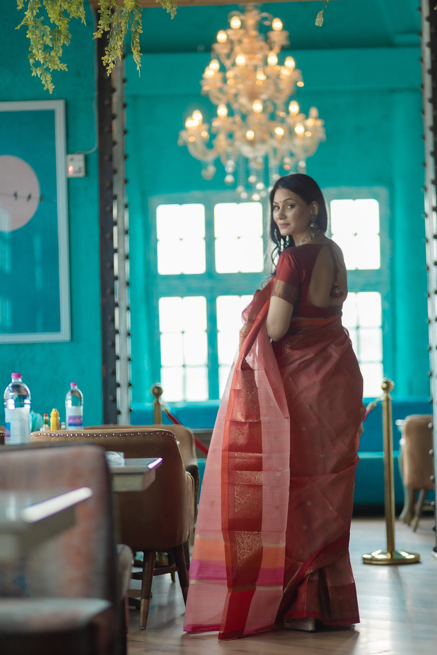 Light Tomato color Banaras Kota Silk - AbirabyBeena