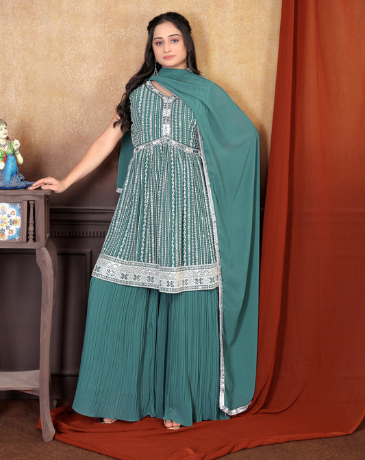 Chic in Olive: Exquisite Embroidered Sharara Suit Set for Women