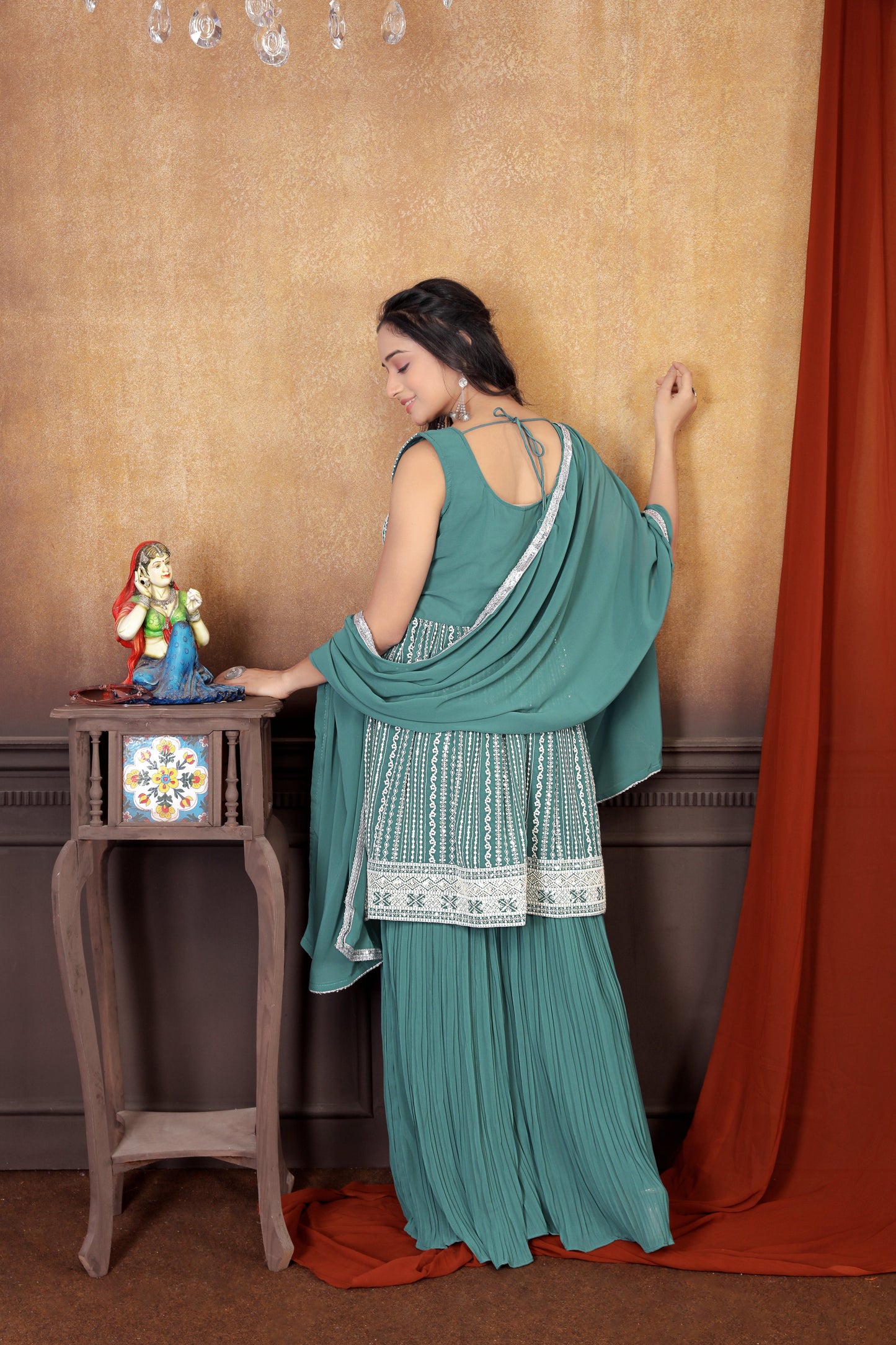 Chic in Olive: Exquisite Embroidered Sharara Suit Set for Women