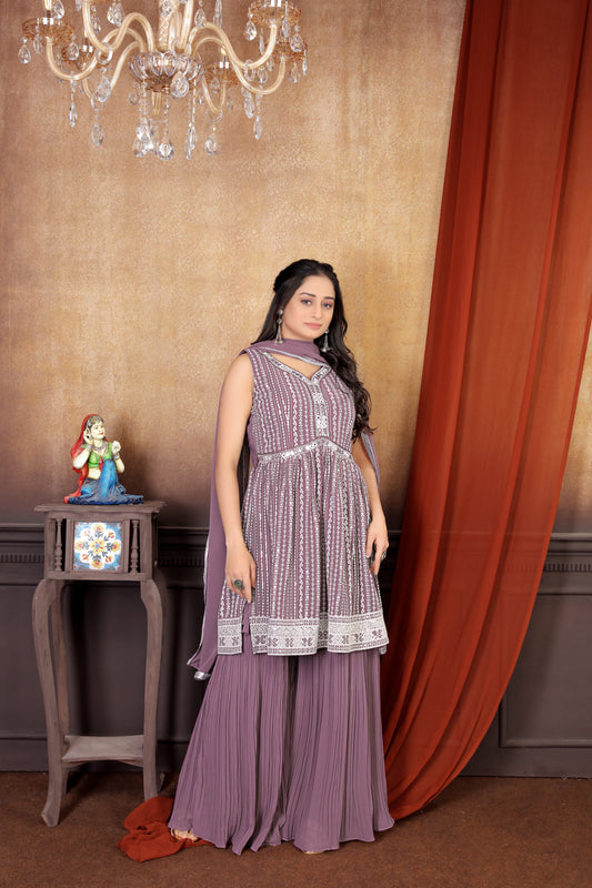 Allure in Onion Shade: Exquisite Embroidered Sharara Suit Set for Women