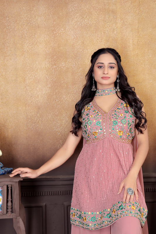 Peach Perfection: Stunning Sharara Suit Set with Intricate Embroideries for Women