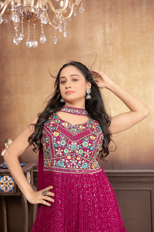 Vibrant Glamour: Hot Pink Sharara Suit Set with Exquisite Embroideries for Women
