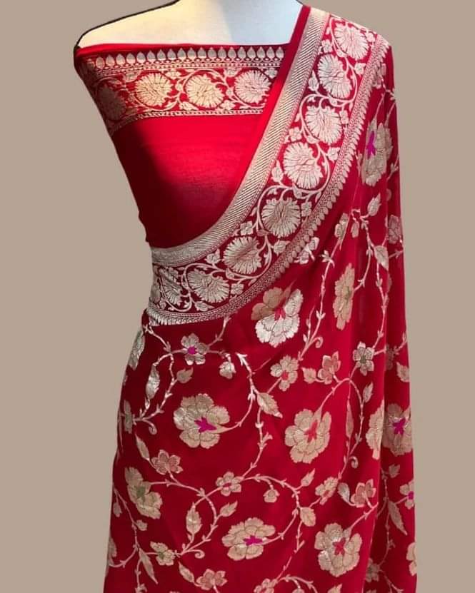 Red Banaras Soft Georgette Jaal silk - AbirabyBeena