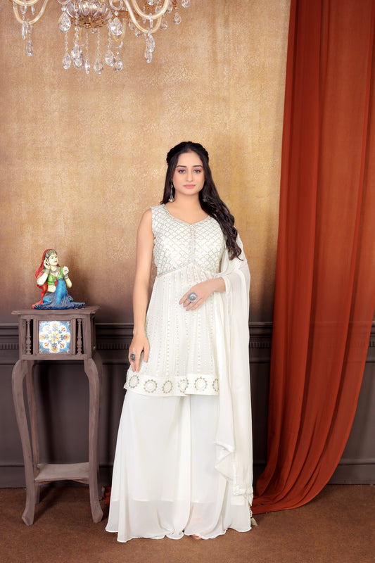 Pristine Elegance: Exquisite Embroidered Pearl White Sharara Suit Set for Women