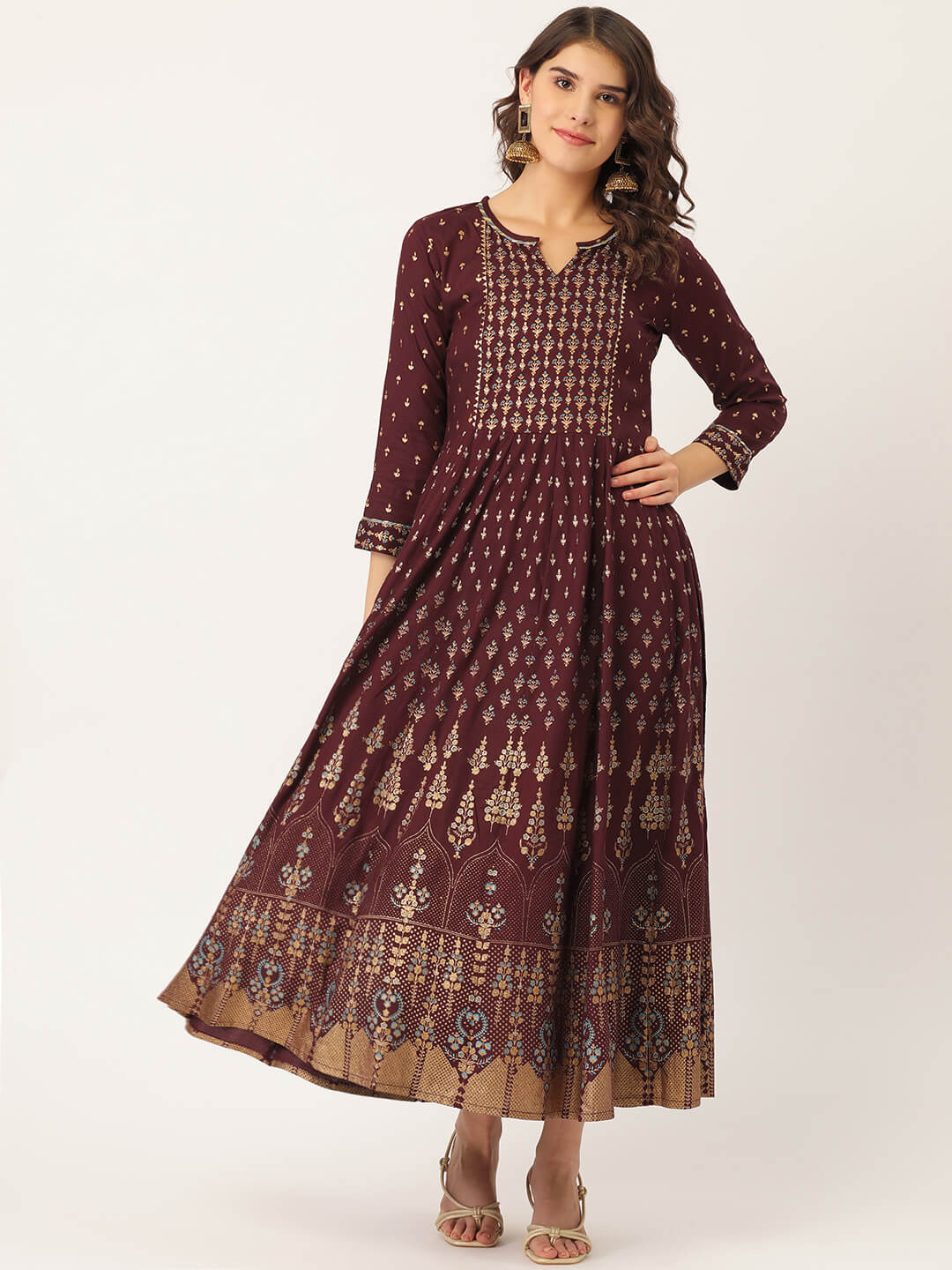 Maroon Rayon Gold Printed & Gota Work Anarkali Kurta