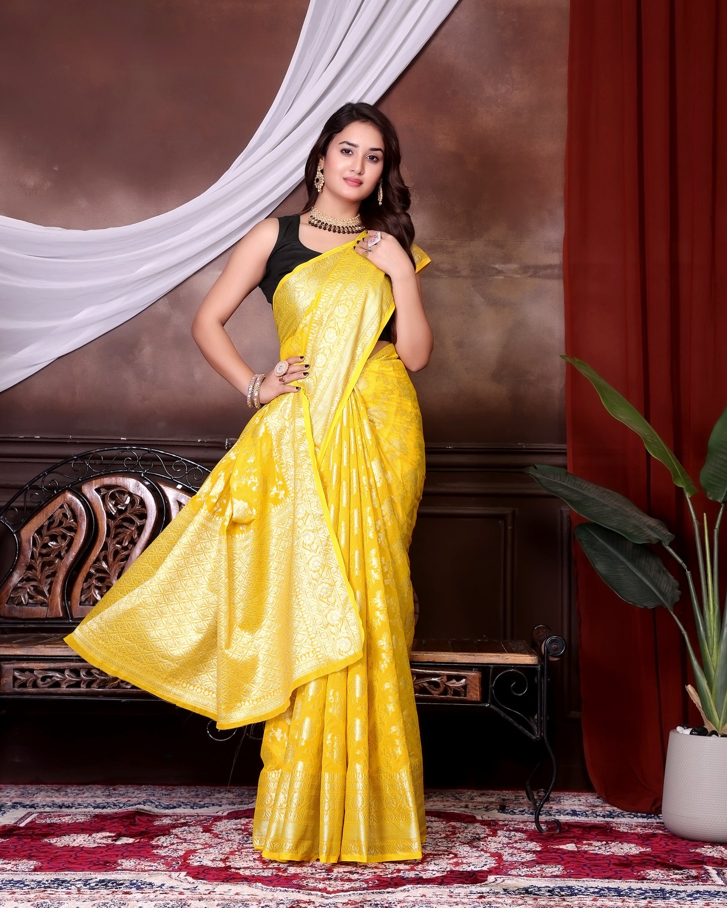 Yellow Jaal Katan Georgette Silk