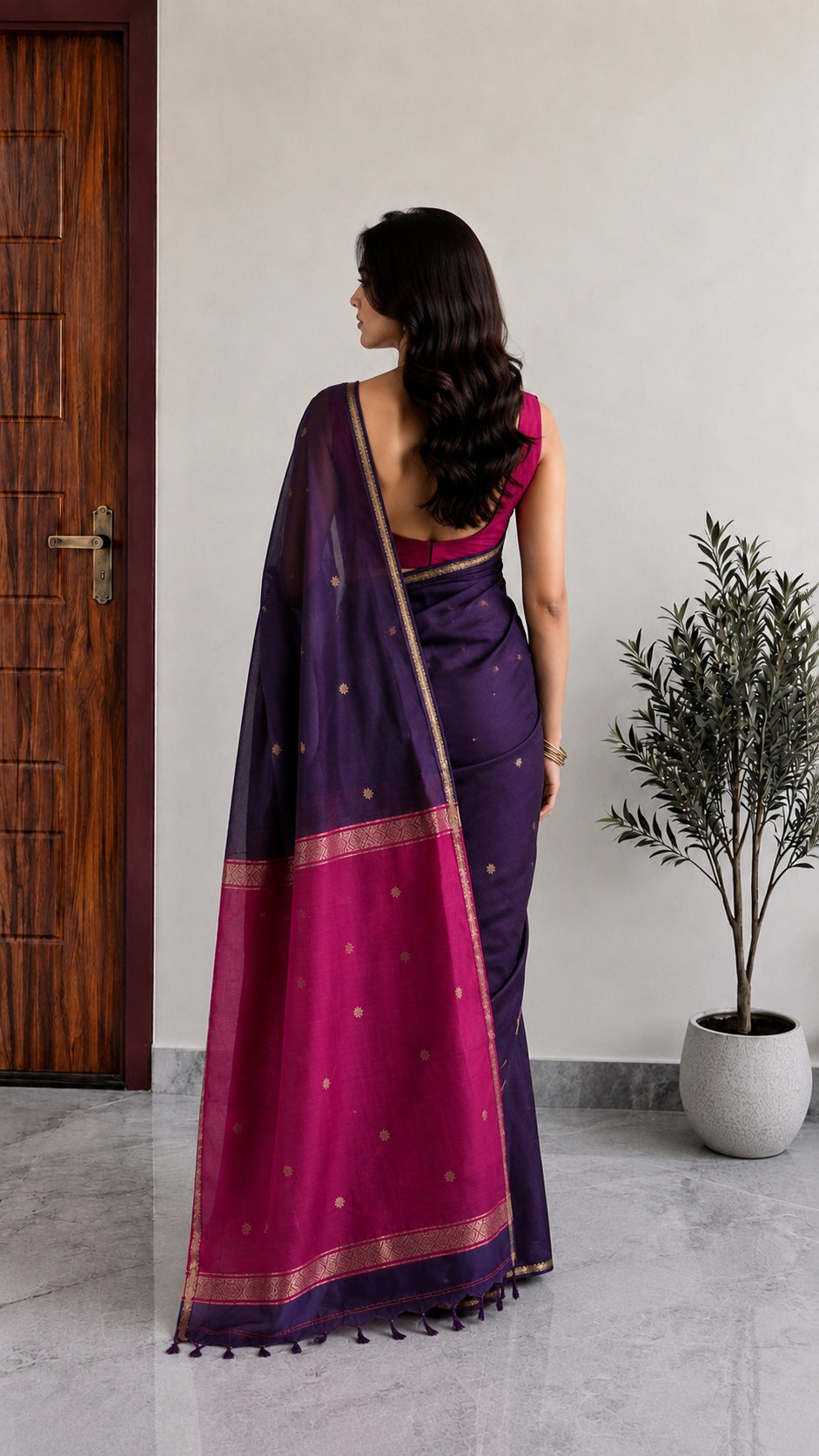Maheshwari Cotton Saree – Deep Purple