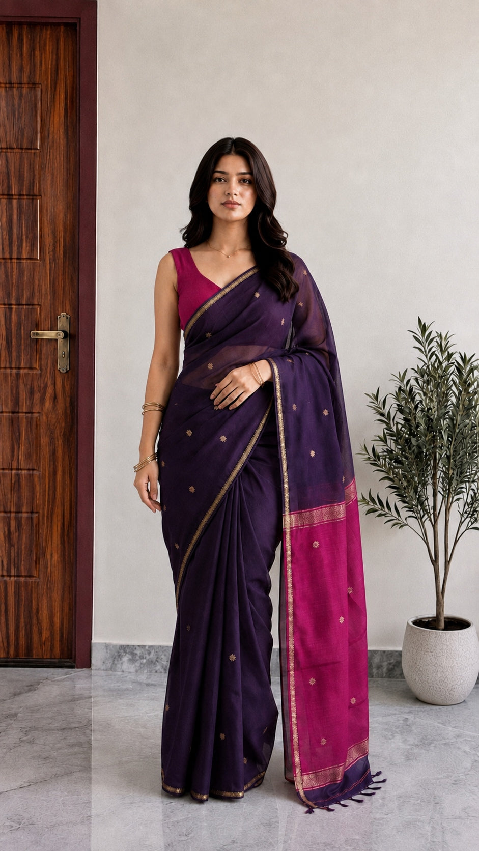Maheshwari Cotton Saree – Deep Purple