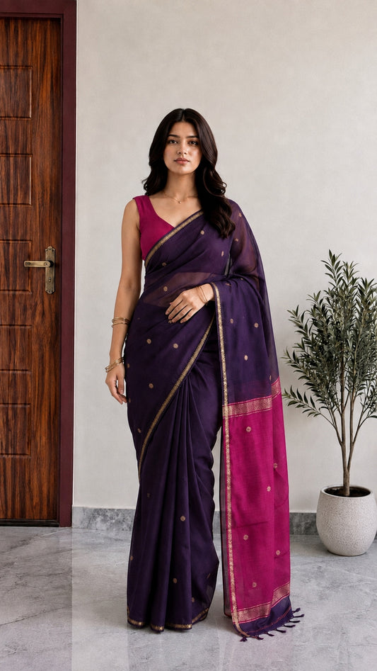 Maheshwari Cotton Saree – Deep Purple