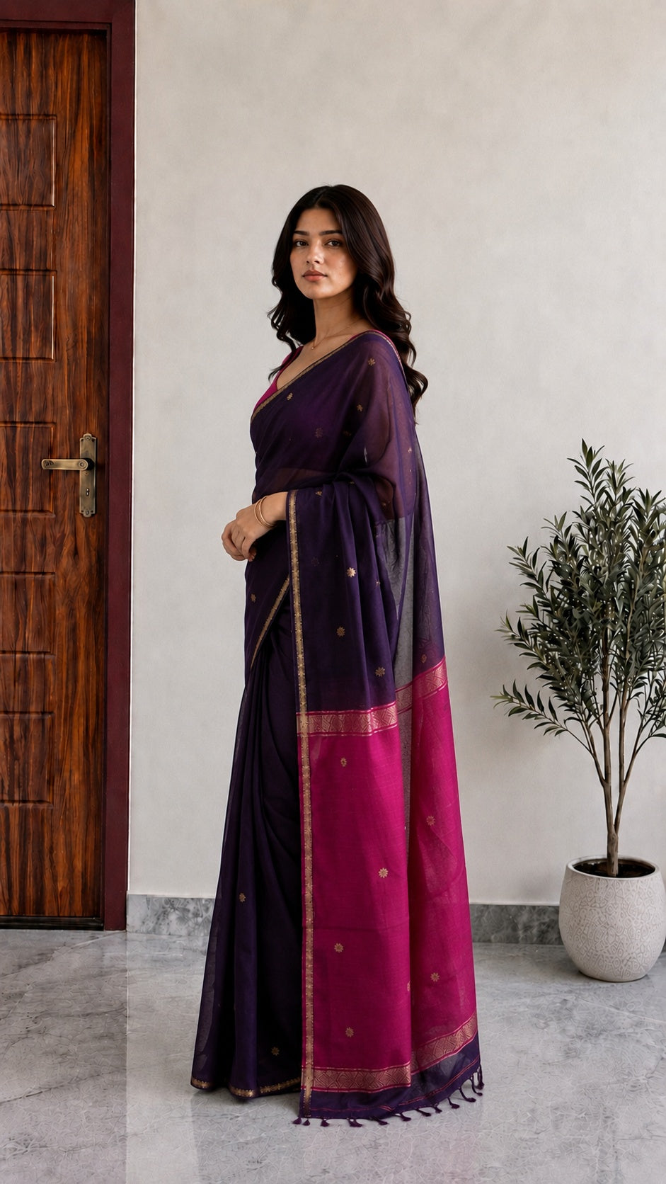 Maheshwari Cotton Saree – Deep Purple