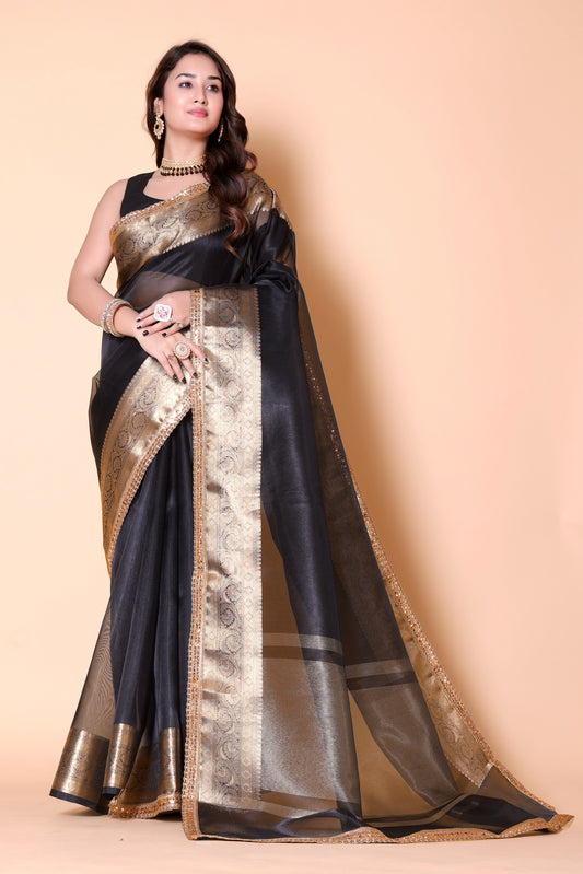 Soft TISSUE Silk Saree - Black - AbirabyBeena