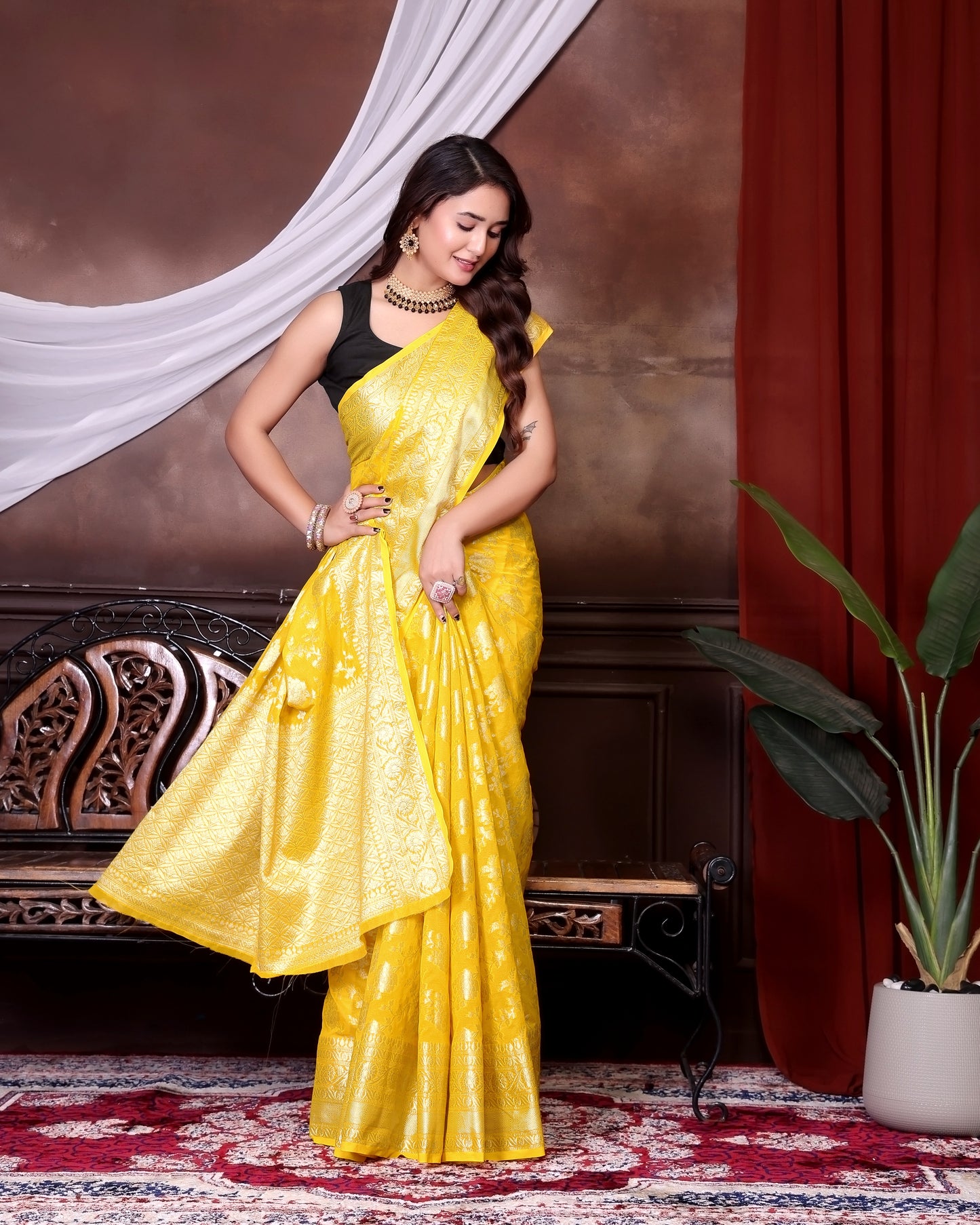Yellow Jaal Katan Georgette Silk