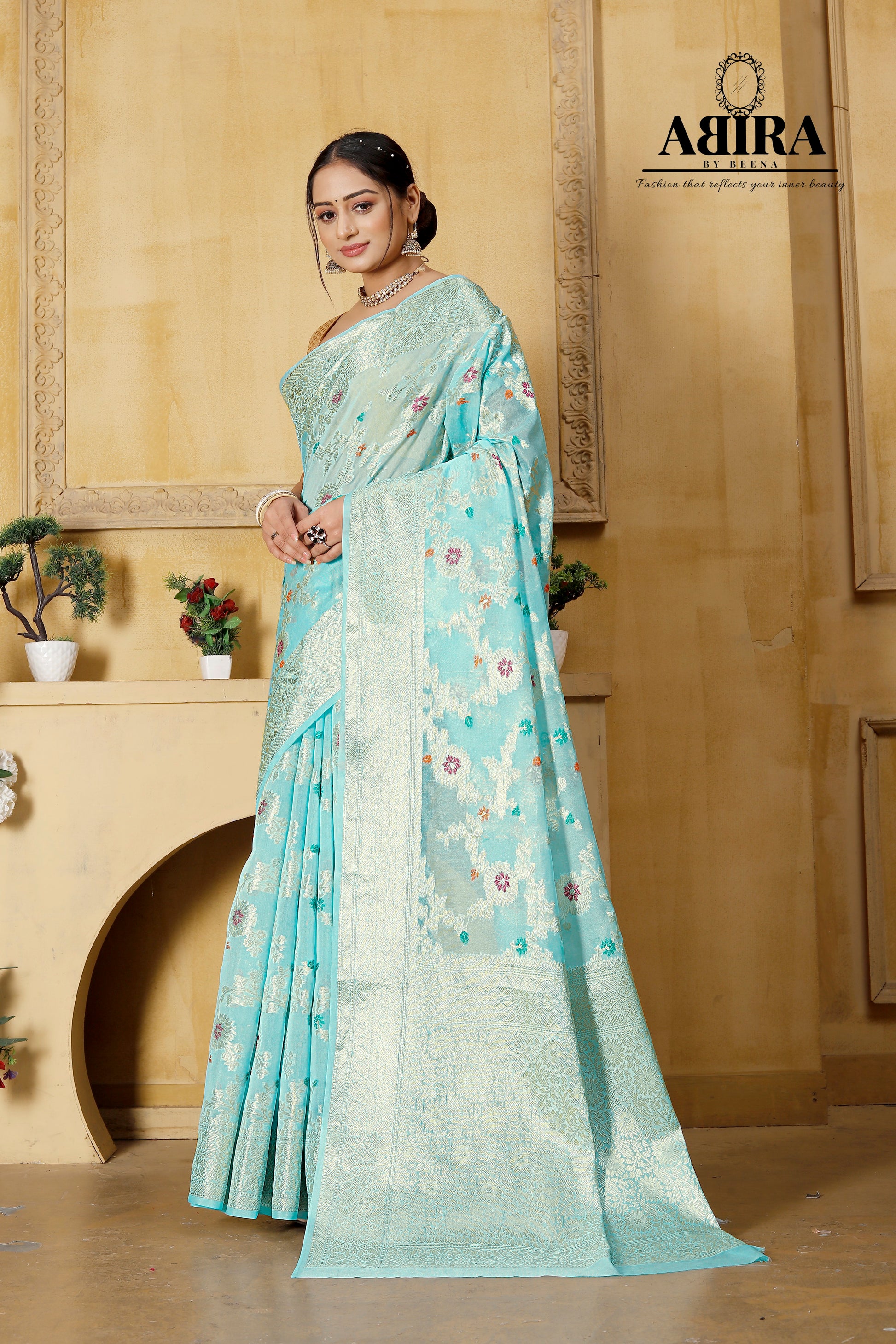 Aqua Blue Banaras Soft Georgette Jaal silk - AbirabyBeena