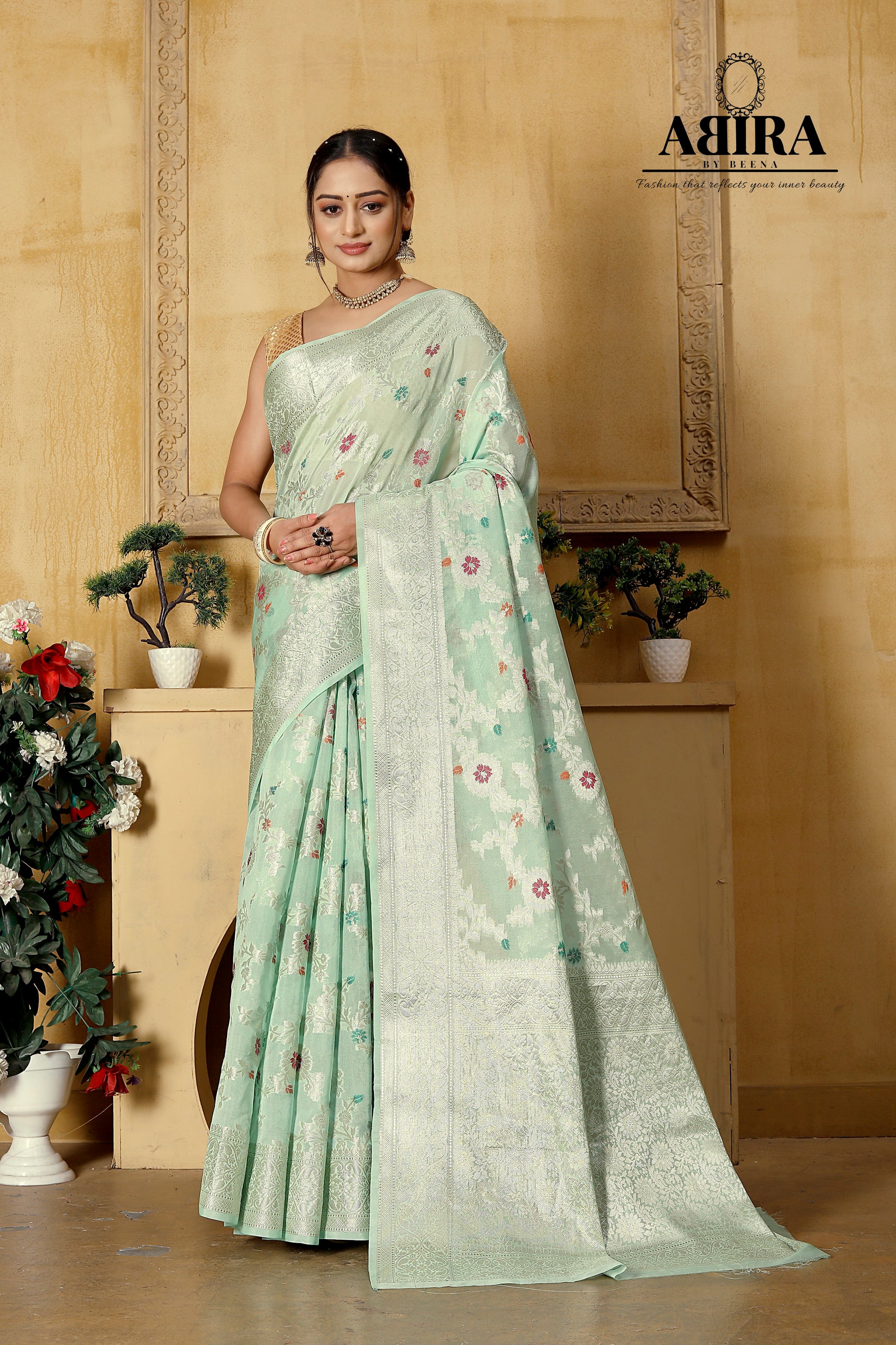 Light Pista green Banaras Soft Georgette Jaal silk - AbirabyBeena