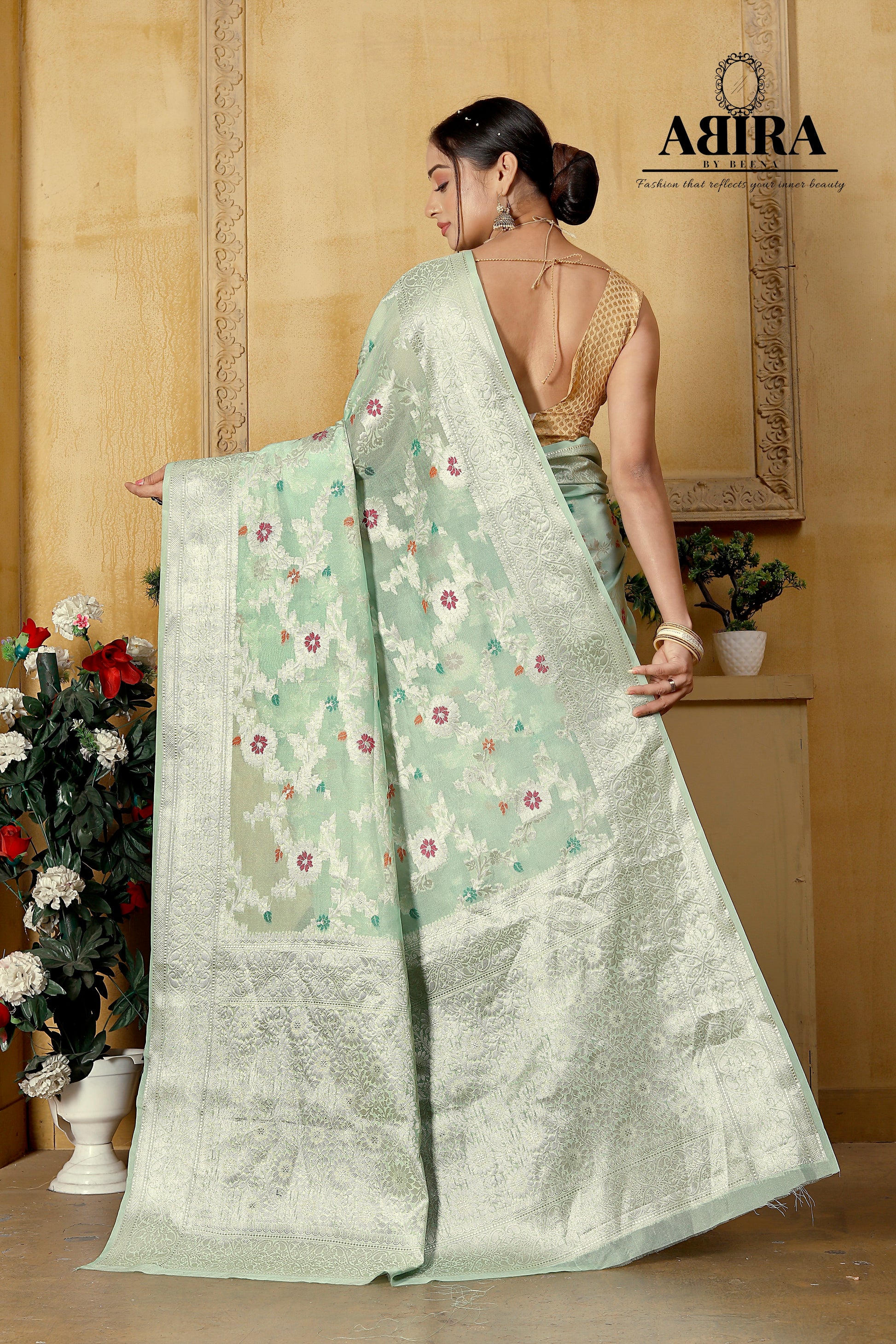 Light Pista green Banaras Soft Georgette Jaal silk - AbirabyBeena