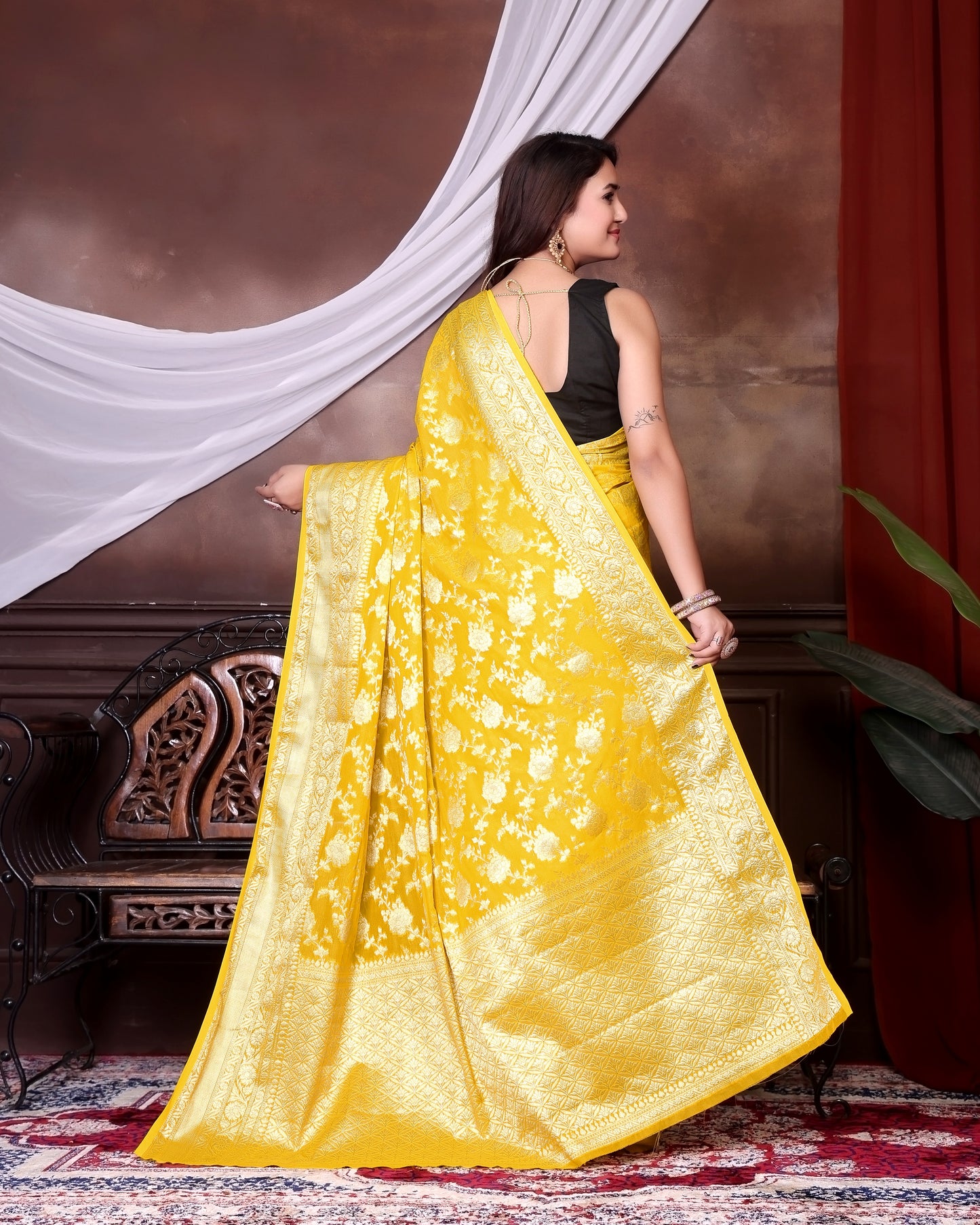 Yellow Jaal Katan Georgette Silk
