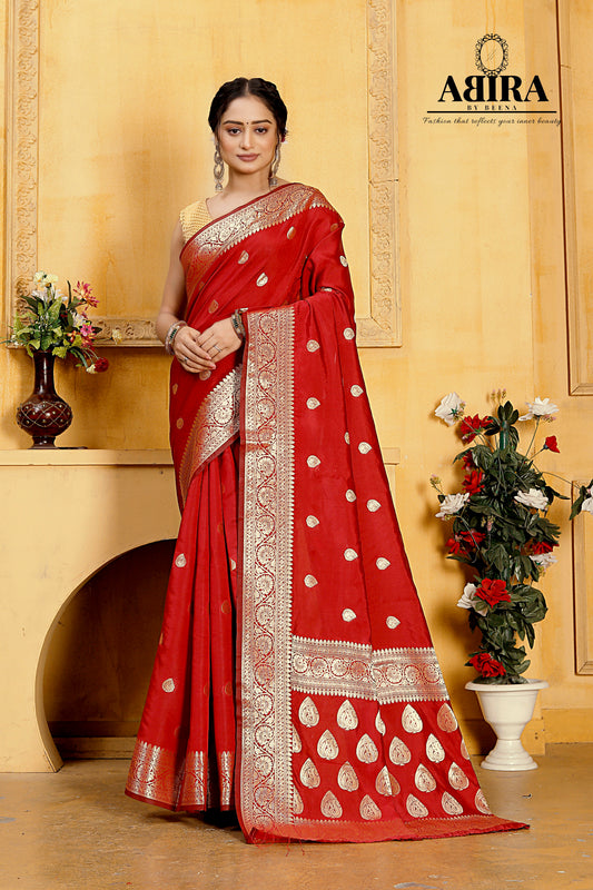 Red Banaras Soft Katan silk - AbirabyBeena