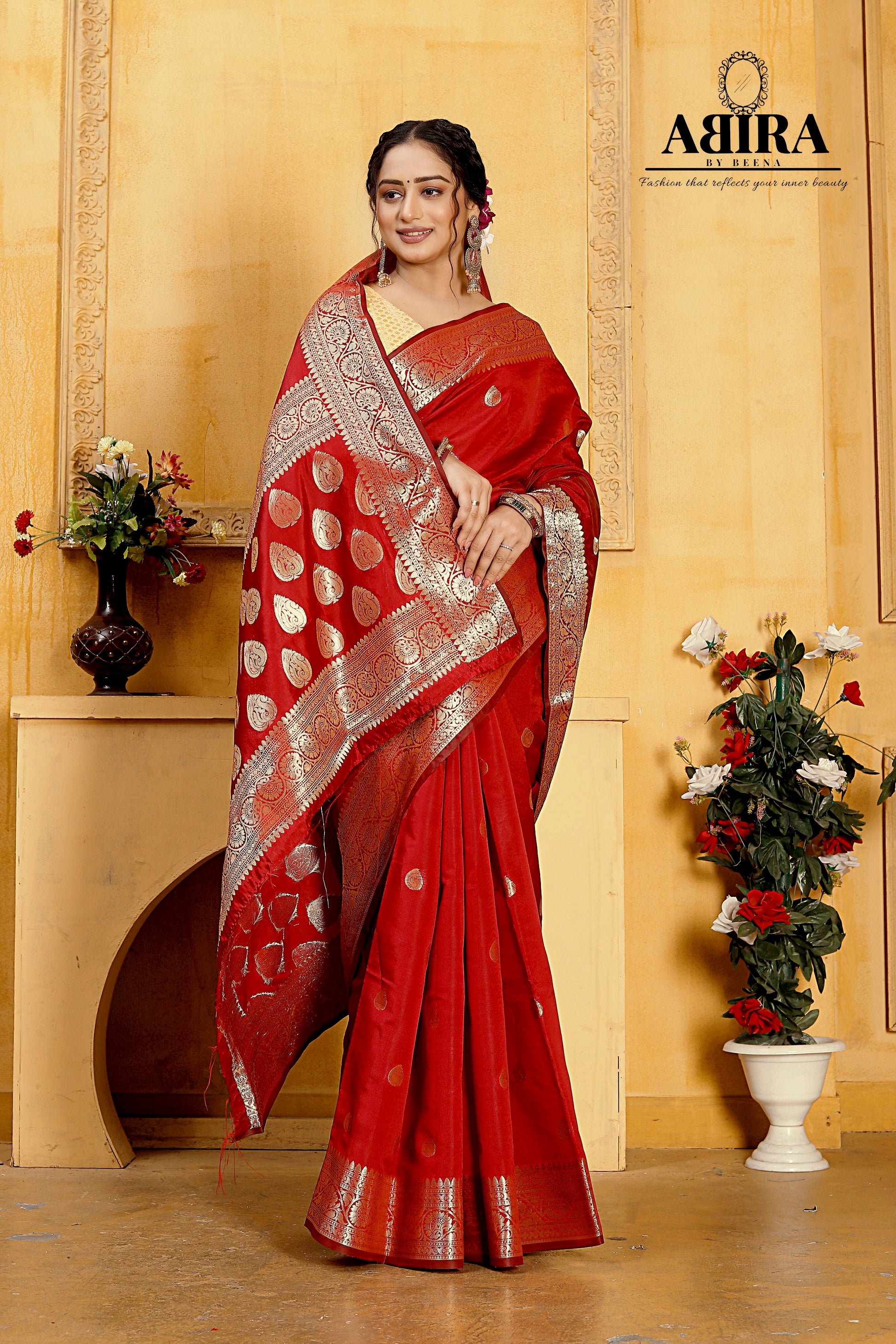 Red Banaras Soft Katan silk - AbirabyBeena