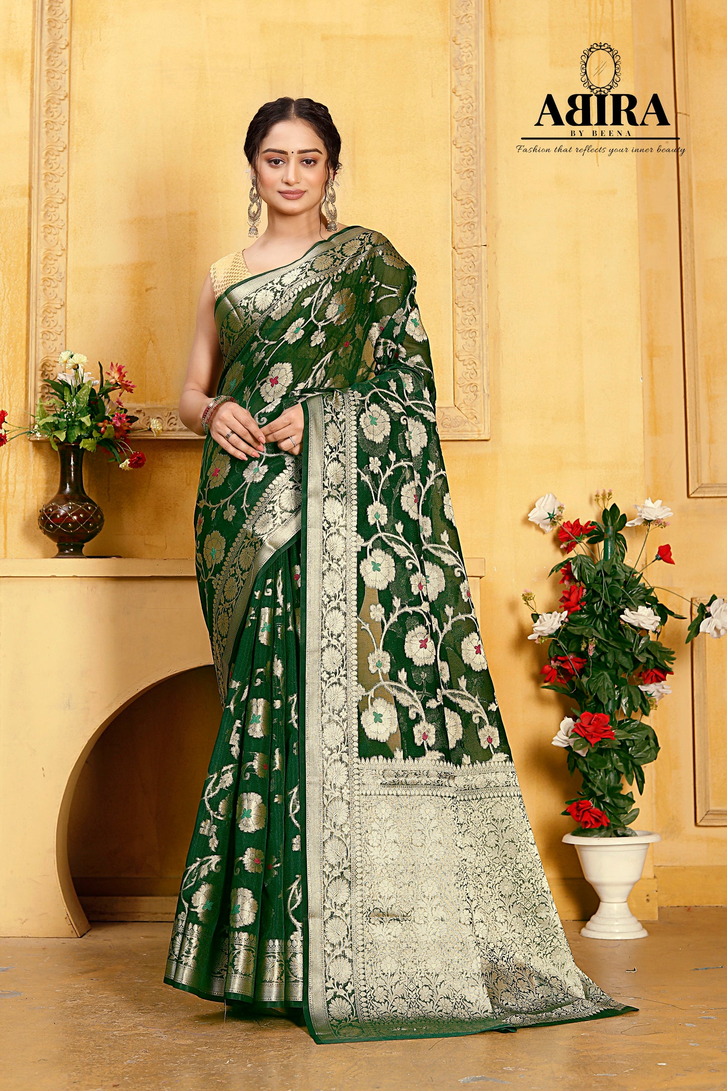 Bottle Green Banaras Soft Georgette Jaal silk - AbirabyBeena