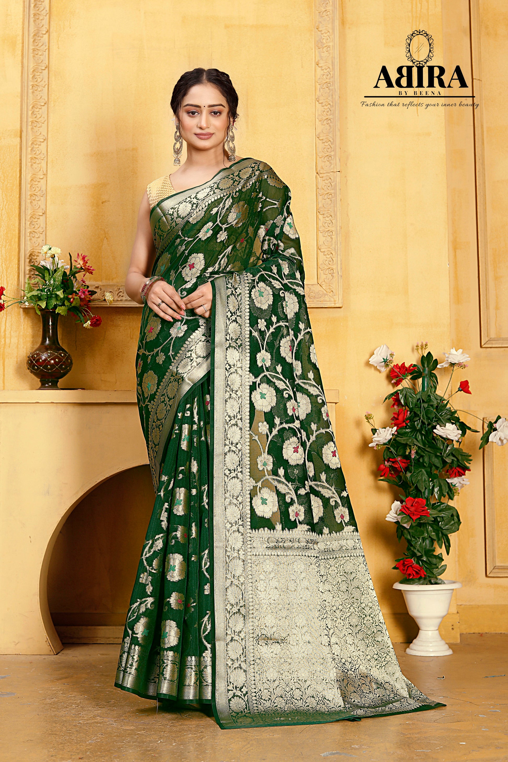 Bottle Green Banaras Soft Georgette Jaal silk - AbirabyBeena