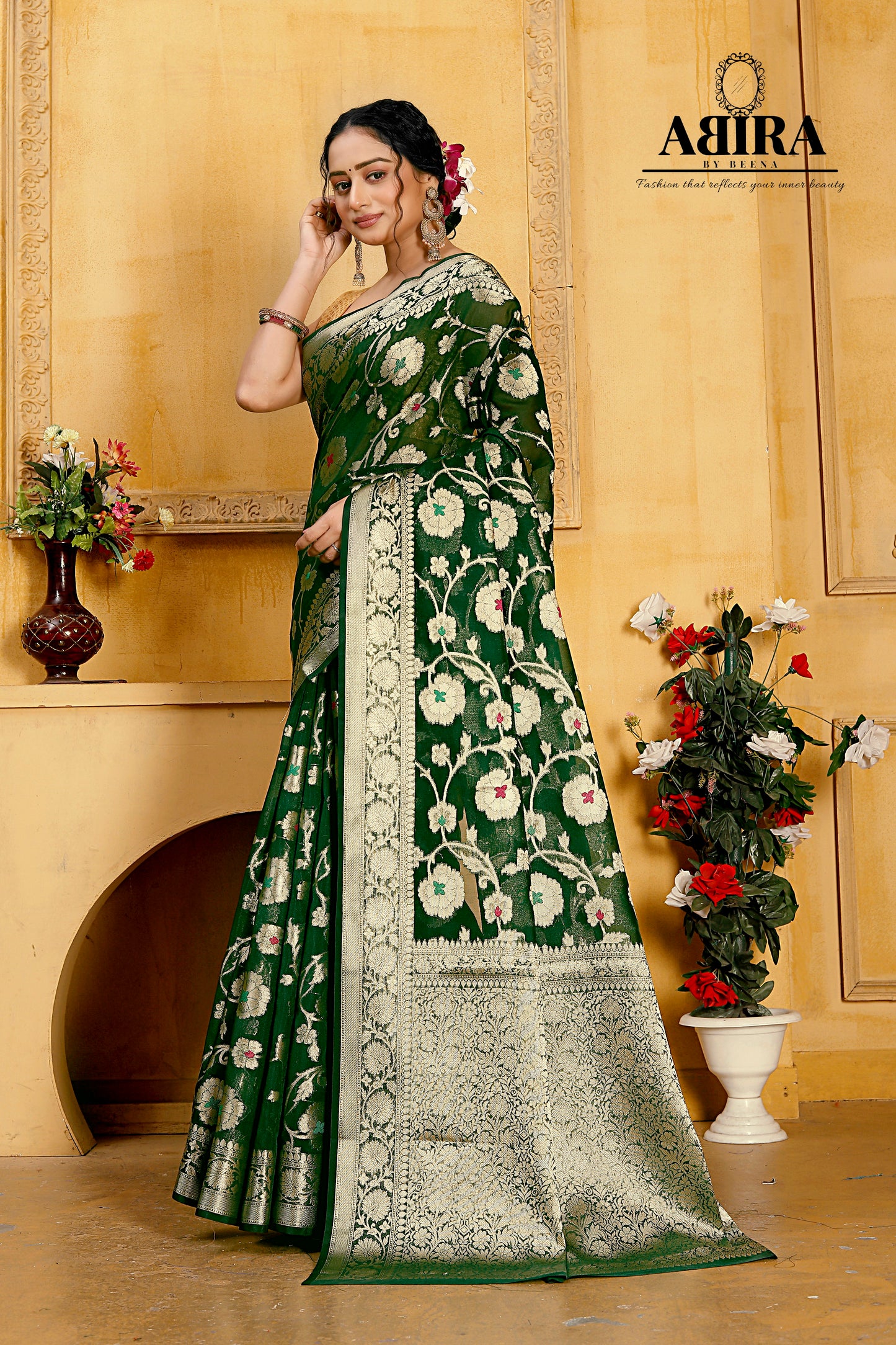 Bottle Green Banaras Soft Georgette Jaal silk - AbirabyBeena