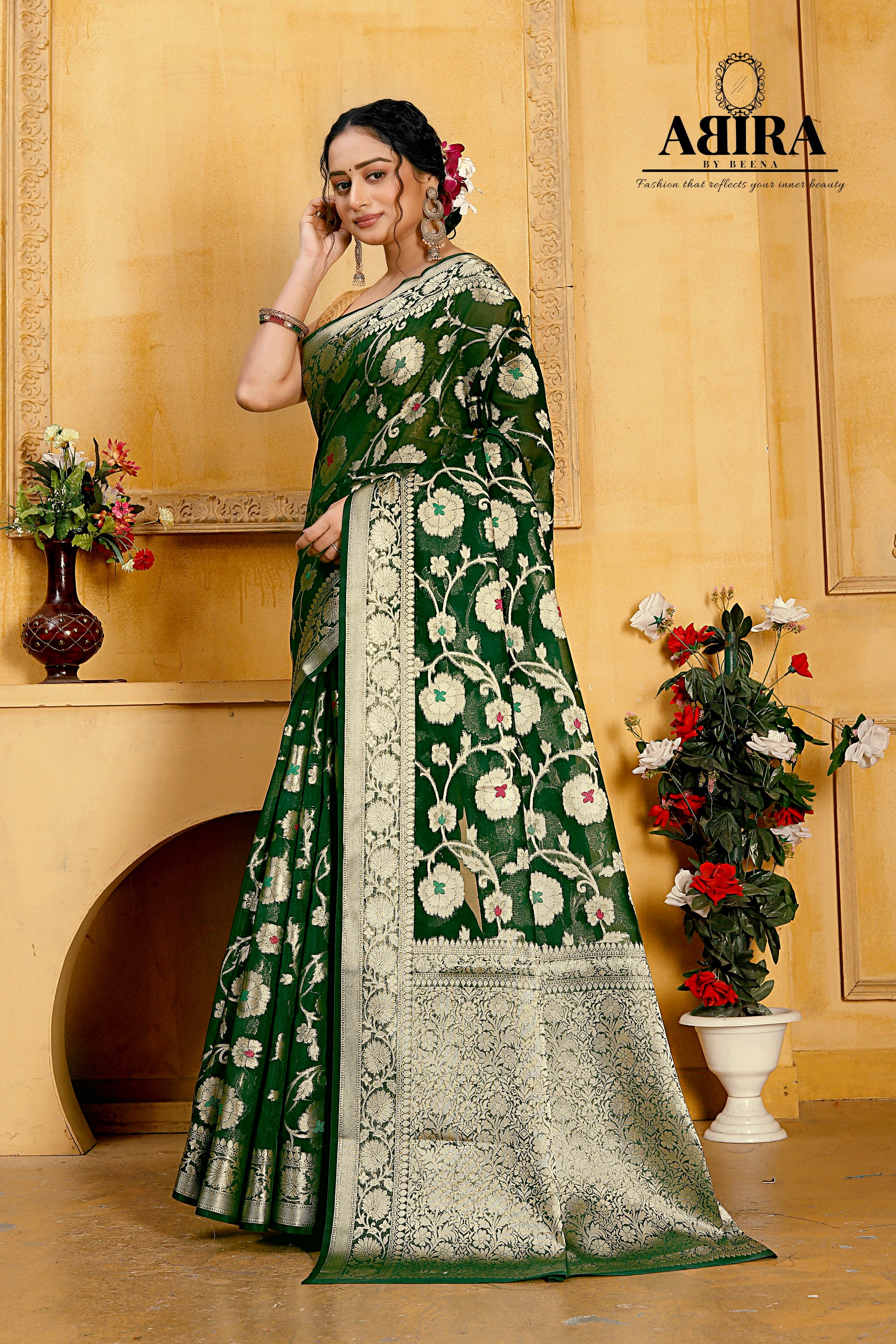 Bottle Green Banaras Soft Georgette Jaal silk - AbirabyBeena