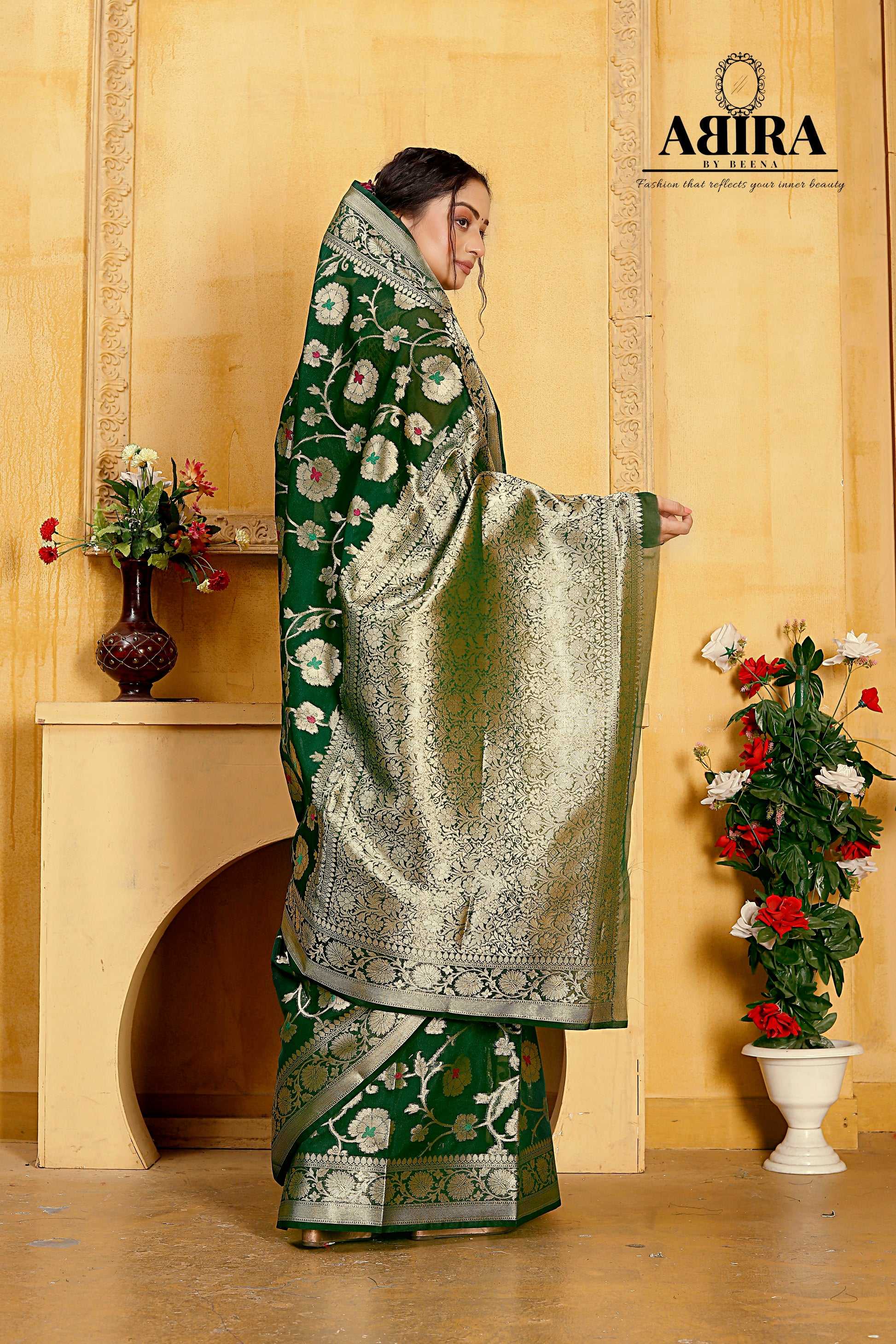 Bottle Green Banaras Soft Georgette Jaal silk - AbirabyBeena