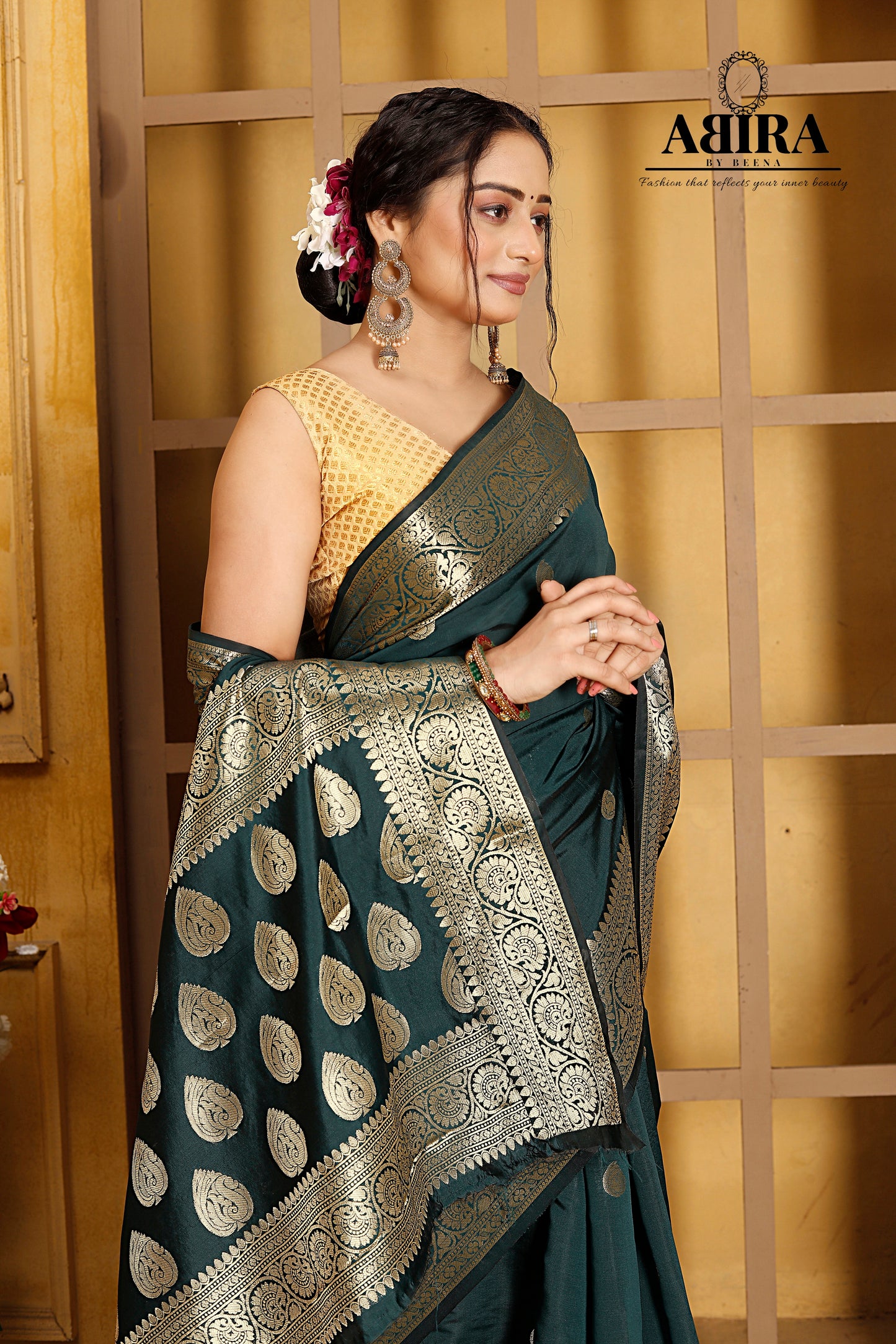 Bottle Green Banaras Soft Katan silk