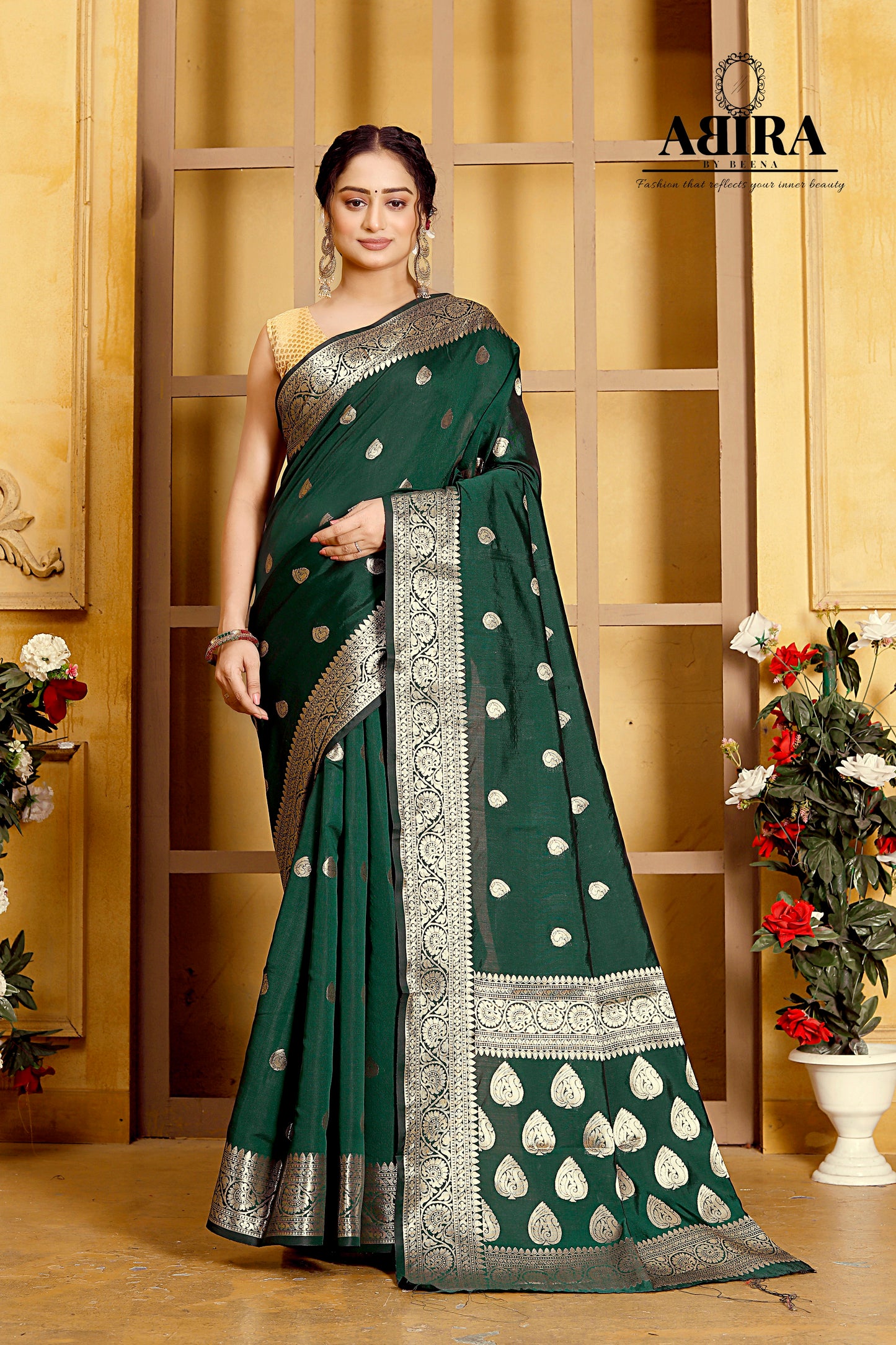 Bottle Green Banaras Soft Katan silk - AbirabyBeena