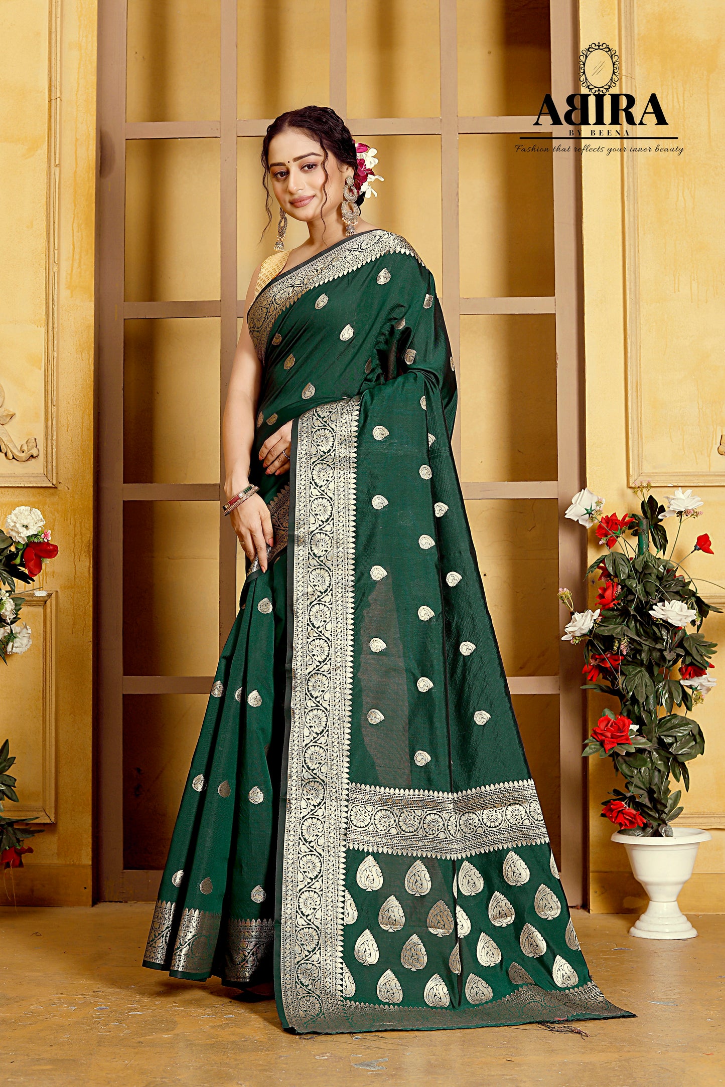 Bottle Green Banaras Soft Katan silk