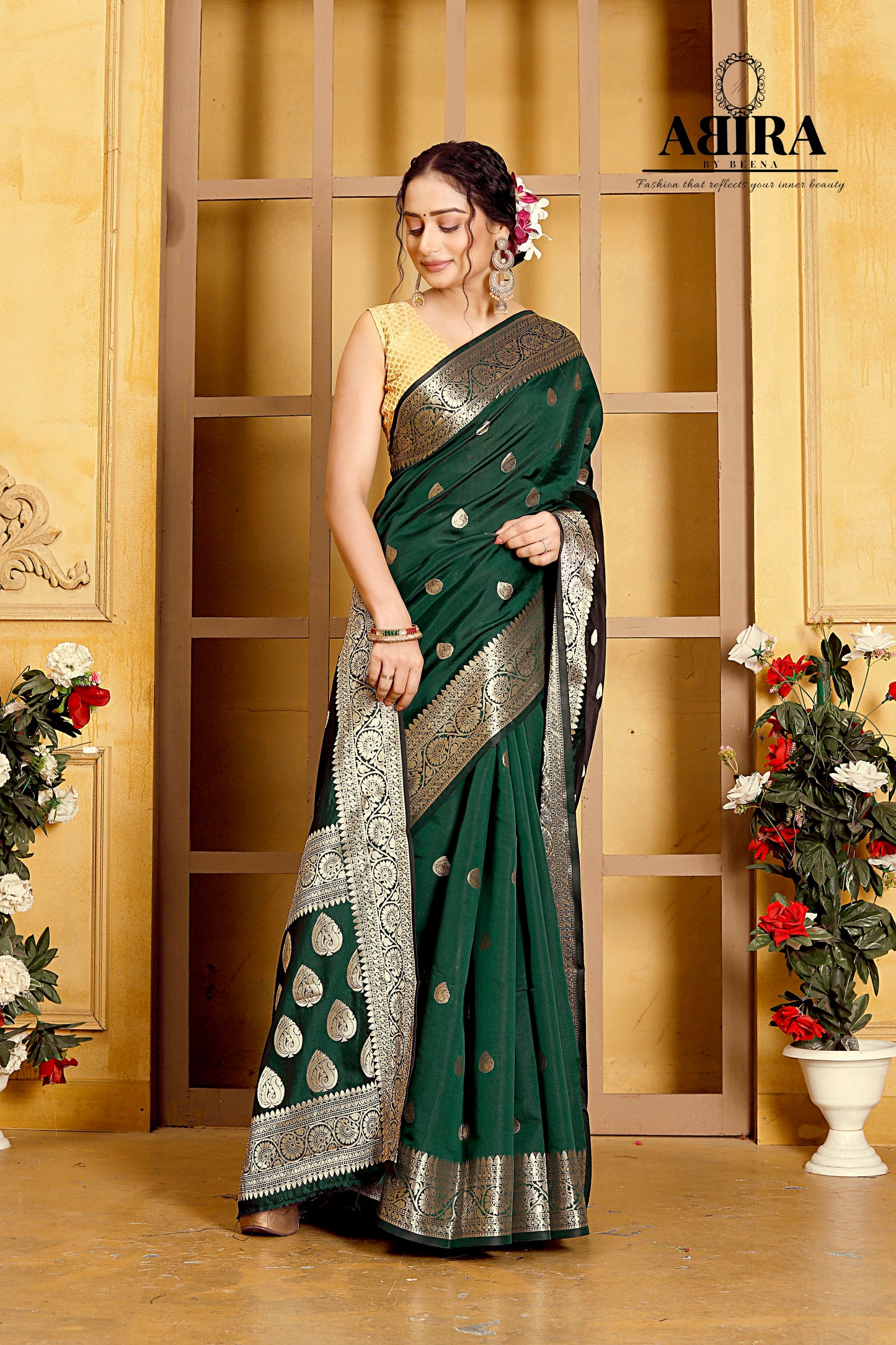 Bottle Green Banaras Soft Katan silk - AbirabyBeena