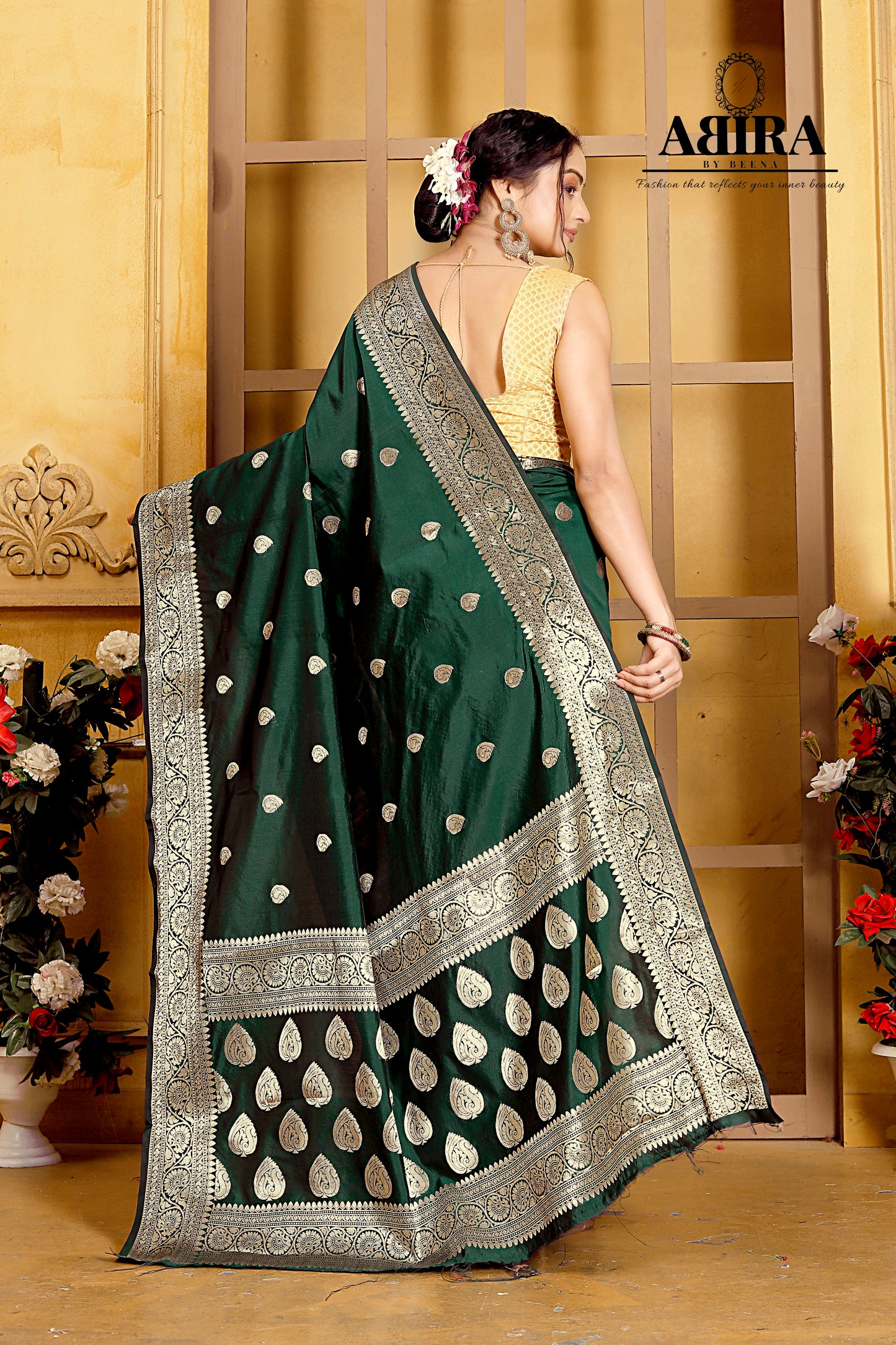Bottle Green Banaras Soft Katan silk