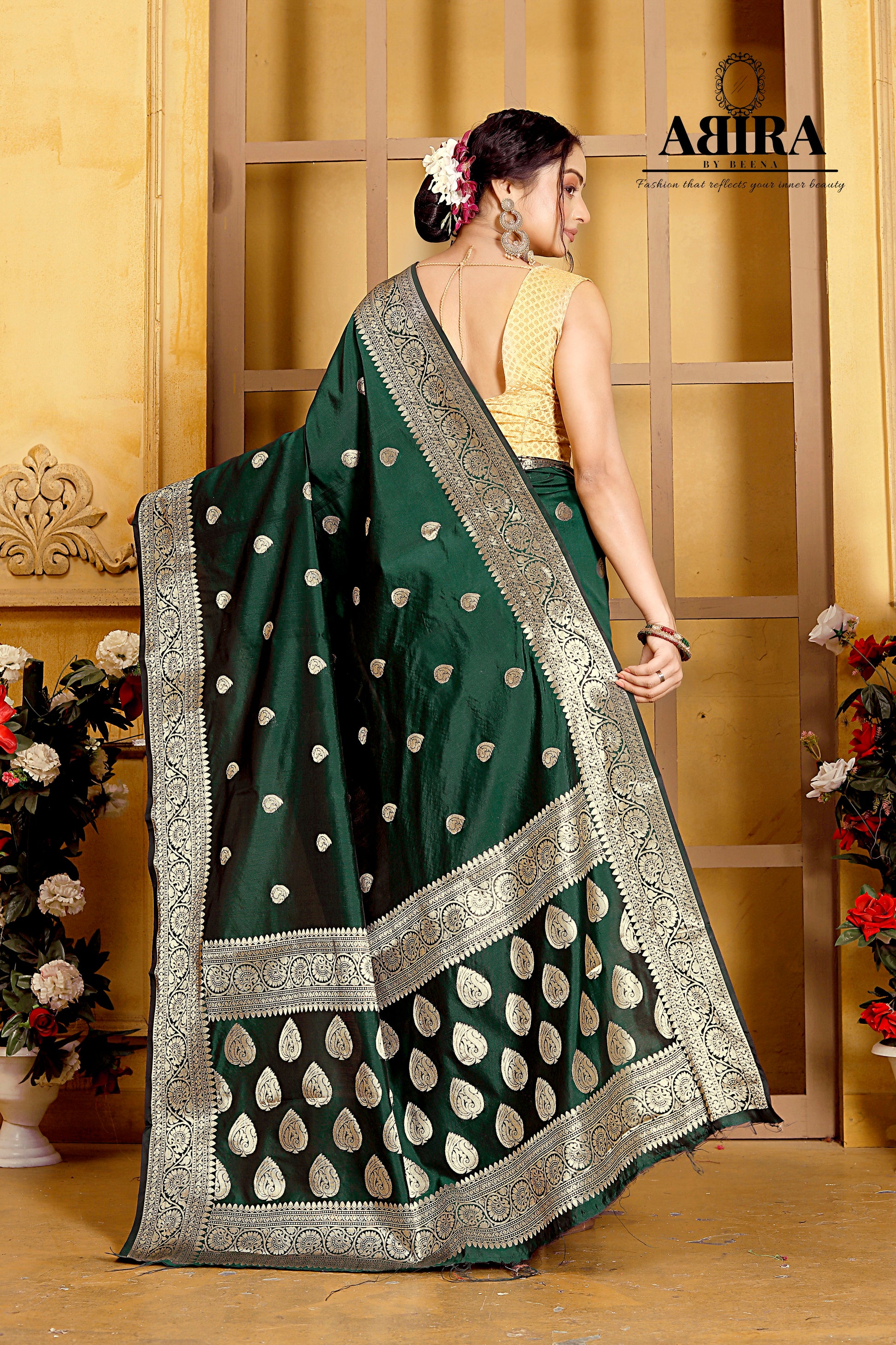 Bottle Green Banaras Soft Katan silk - AbirabyBeena